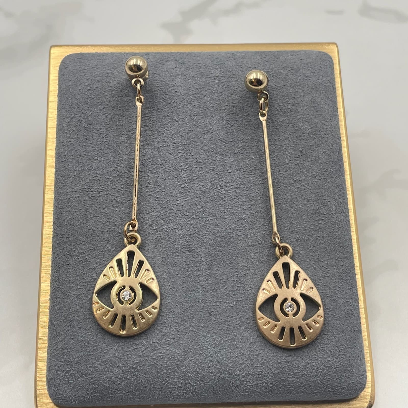 Vintage VTG Gold Tone Dangle Earrings Clear Stone Evil Eye Teardrop Stud Modern - Thumbnail 6