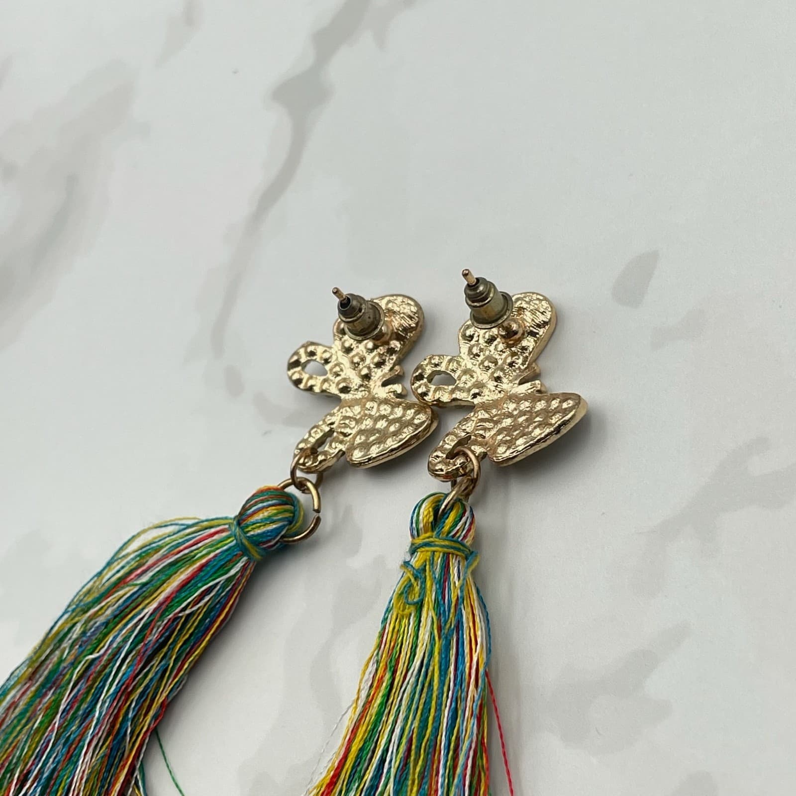 Vintage VTG Tassel Earrings Rhinestone Butterfly Gold Tone MultiColor Thread - Thumbnail 11