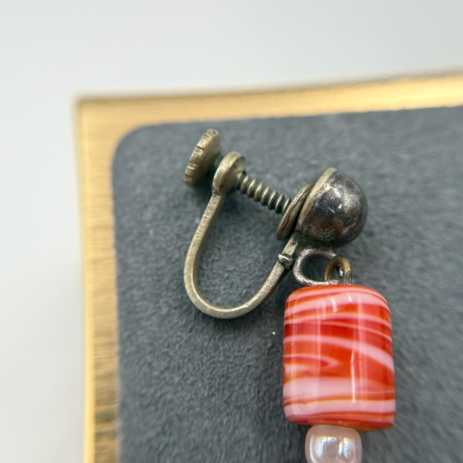 Vintage Red White Striped Blown Glass Clear Crystal Beaded Dangle Earrings - Thumbnail 6