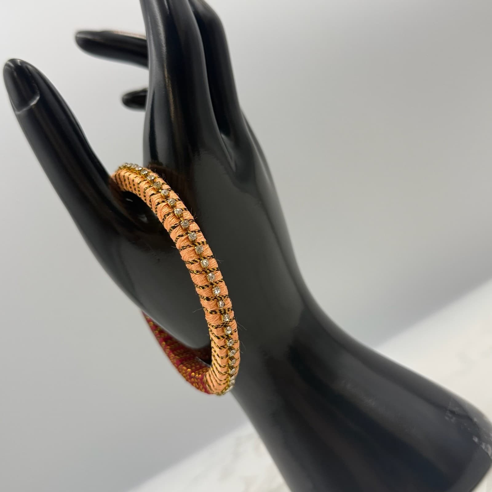 Vintage VTG Handcrafted Women’s Maroon Peach Rhinestones Thread Wrapped Bangle - Thumbnail 2