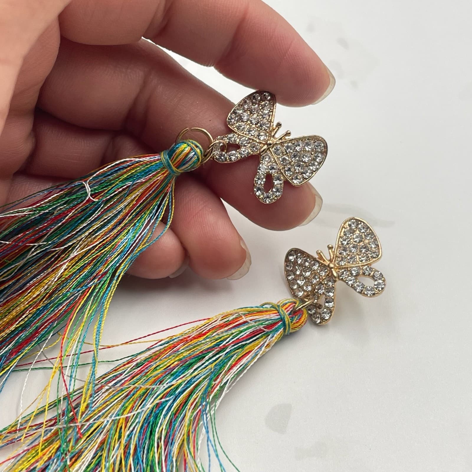 Vintage VTG Tassel Earrings Rhinestone Butterfly Gold Tone MultiColor Thread - Thumbnail 13