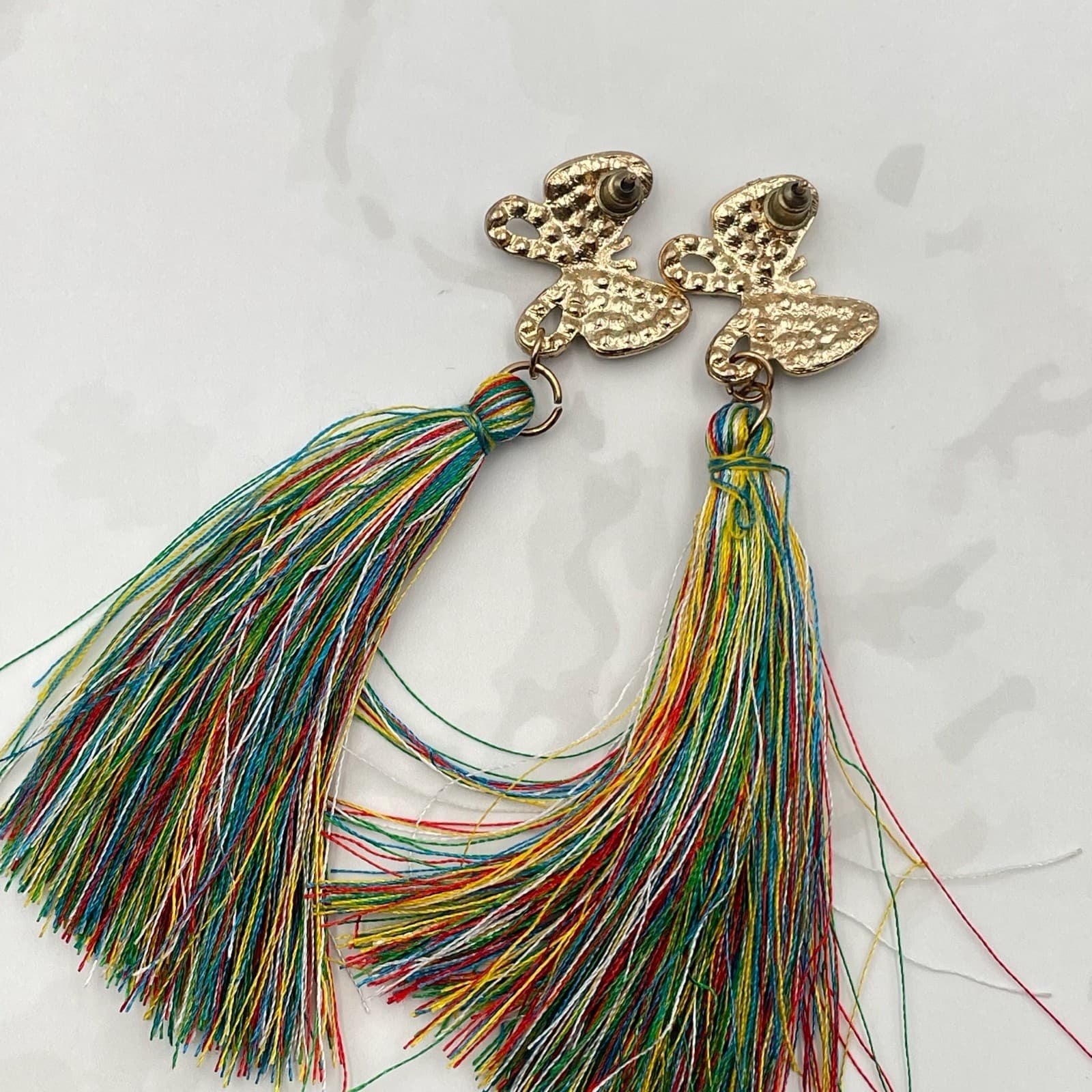 Vintage VTG Tassel Earrings Rhinestone Butterfly Gold Tone MultiColor Thread - Thumbnail 10