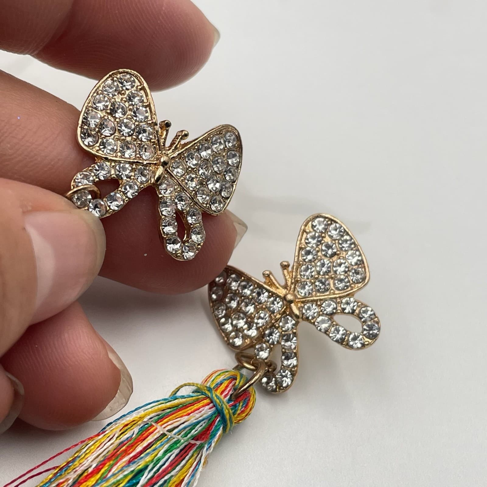 Vintage VTG Tassel Earrings Rhinestone Butterfly Gold Tone MultiColor Thread - Thumbnail 12