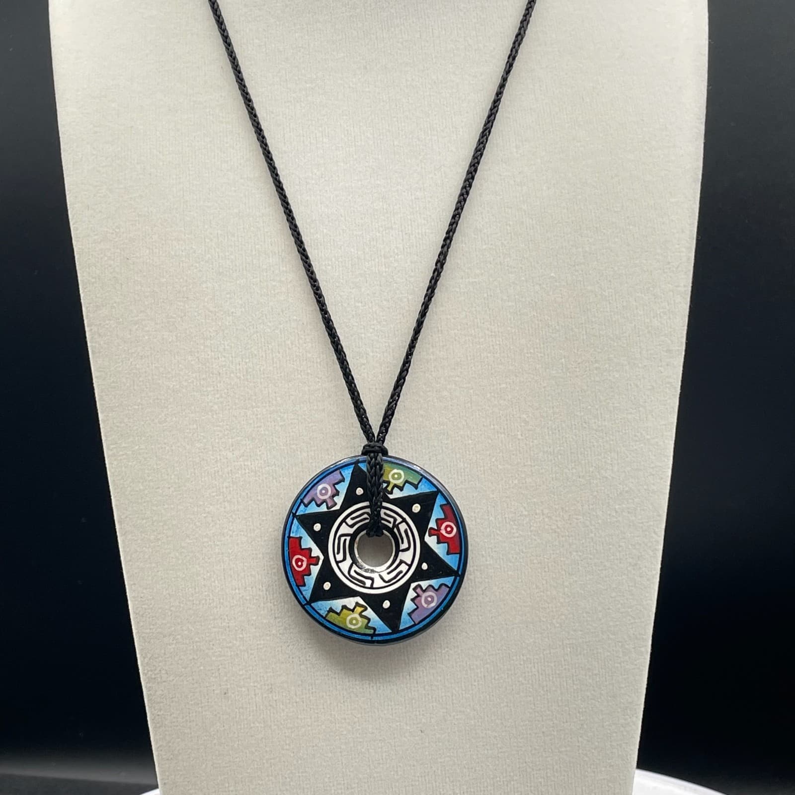 Vintage Man Maze Polymer Clay Pendant Necklace Southwest Tribal Beaded Art - Image 1