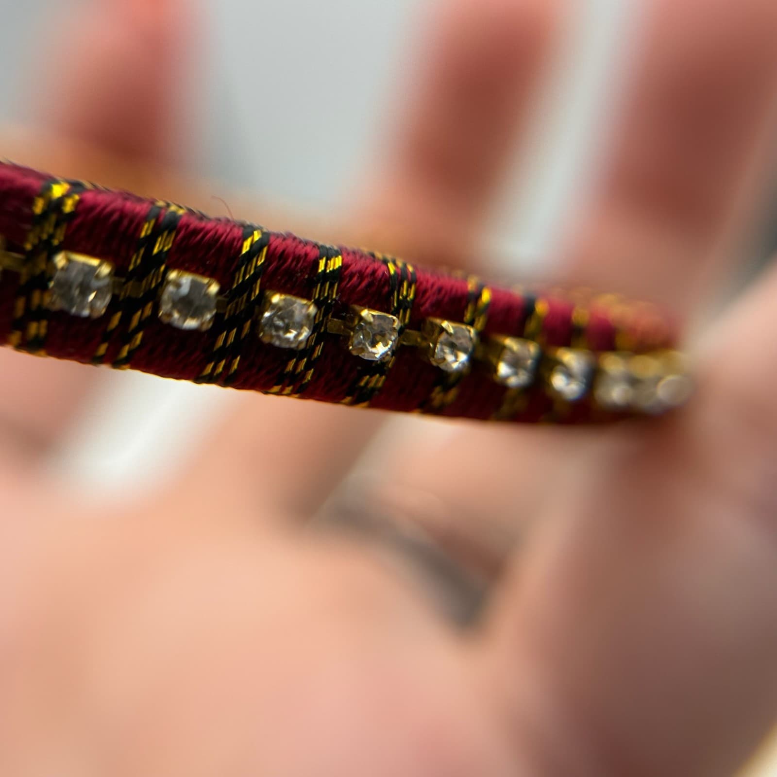 Vintage VTG Handcrafted Women’s Maroon Peach Rhinestones Thread Wrapped Bangle - Thumbnail 4