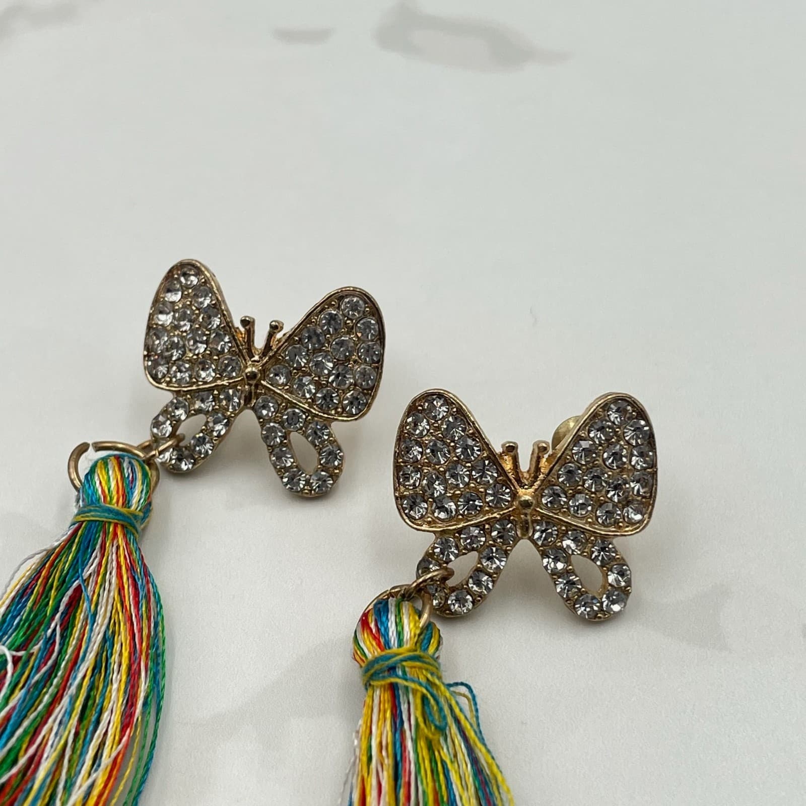 Vintage VTG Tassel Earrings Rhinestone Butterfly Gold Tone MultiColor Thread - Thumbnail 4