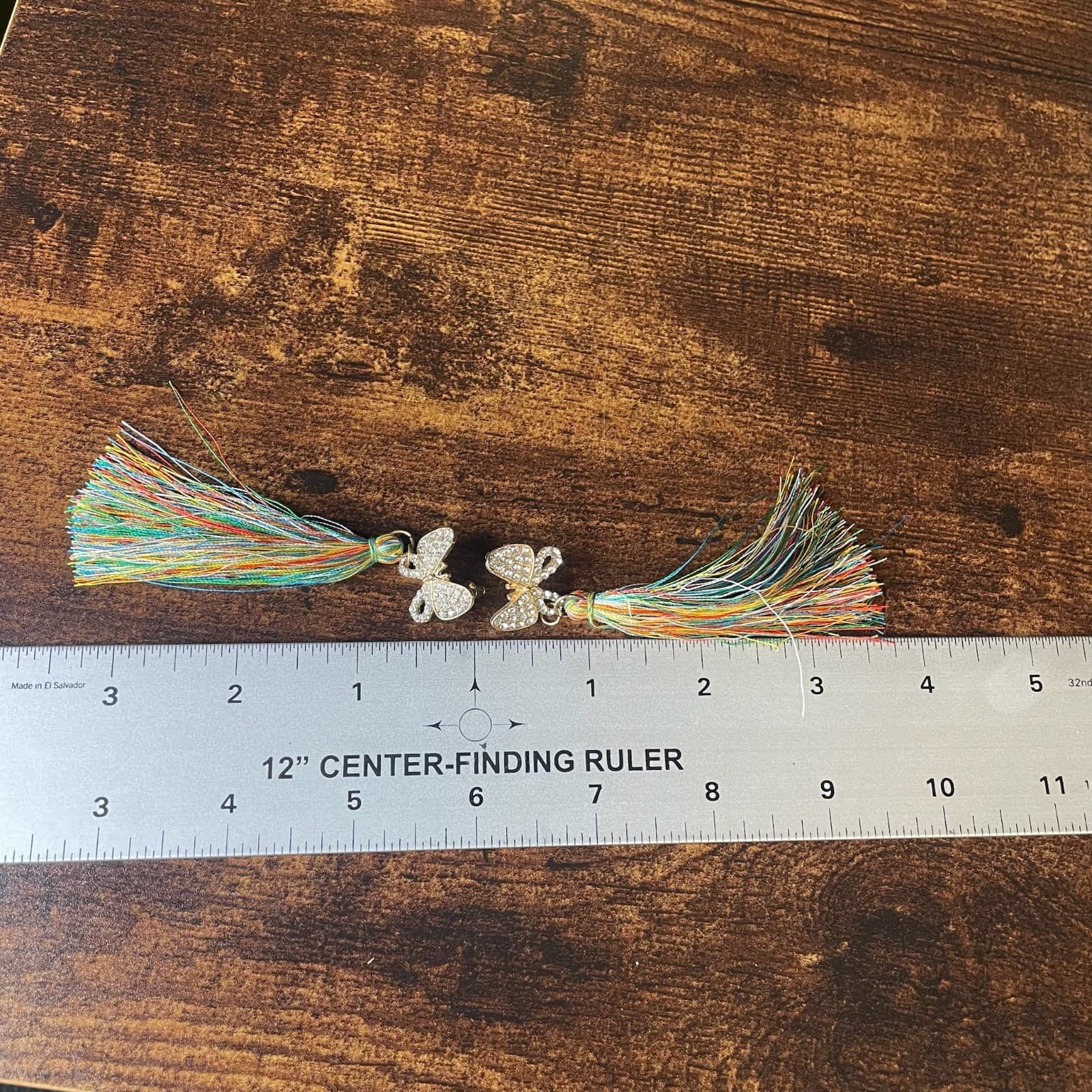 Vintage VTG Tassel Earrings Rhinestone Butterfly Gold Tone MultiColor Thread - Thumbnail 2