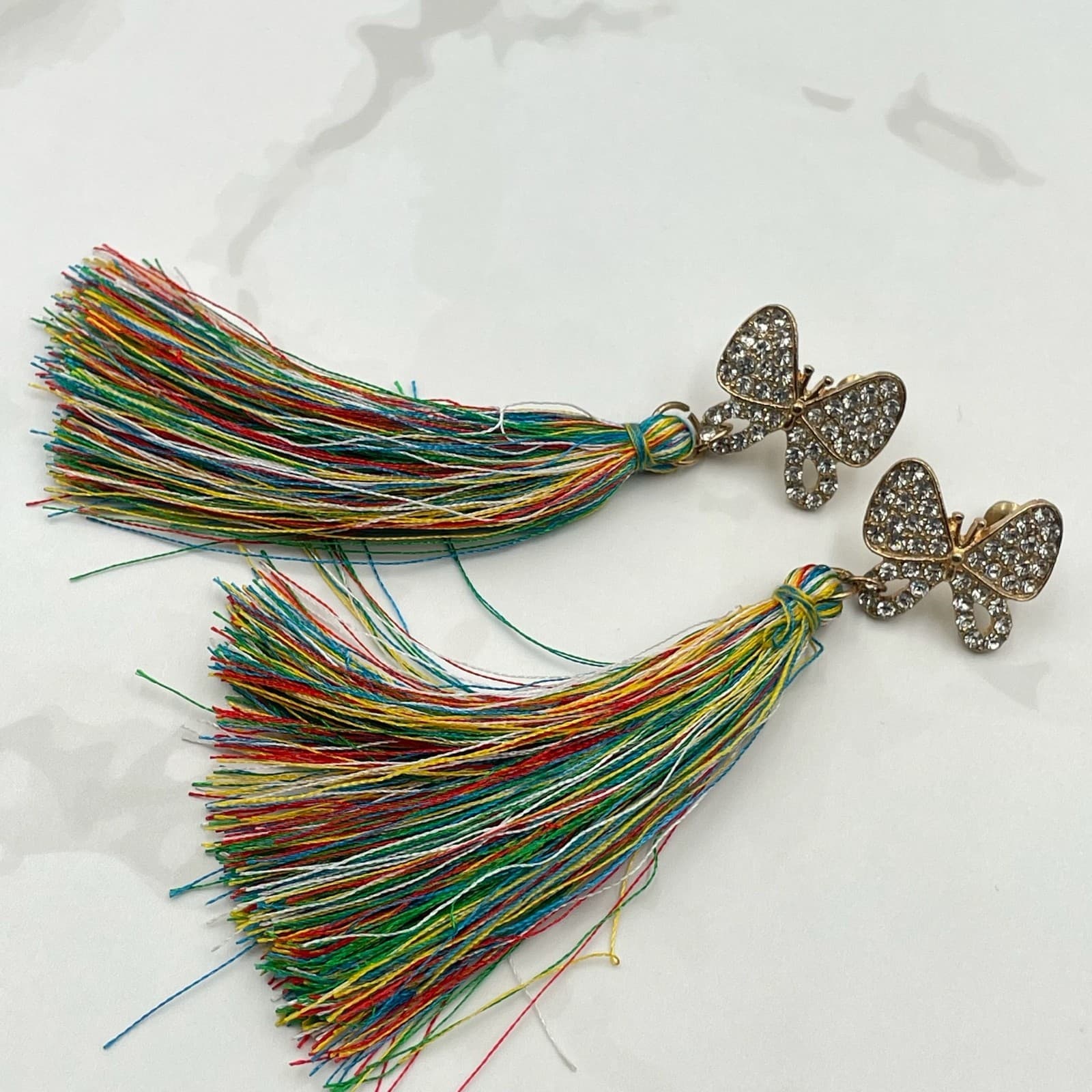 Vintage VTG Tassel Earrings Rhinestone Butterfly Gold Tone MultiColor Thread - Image 1