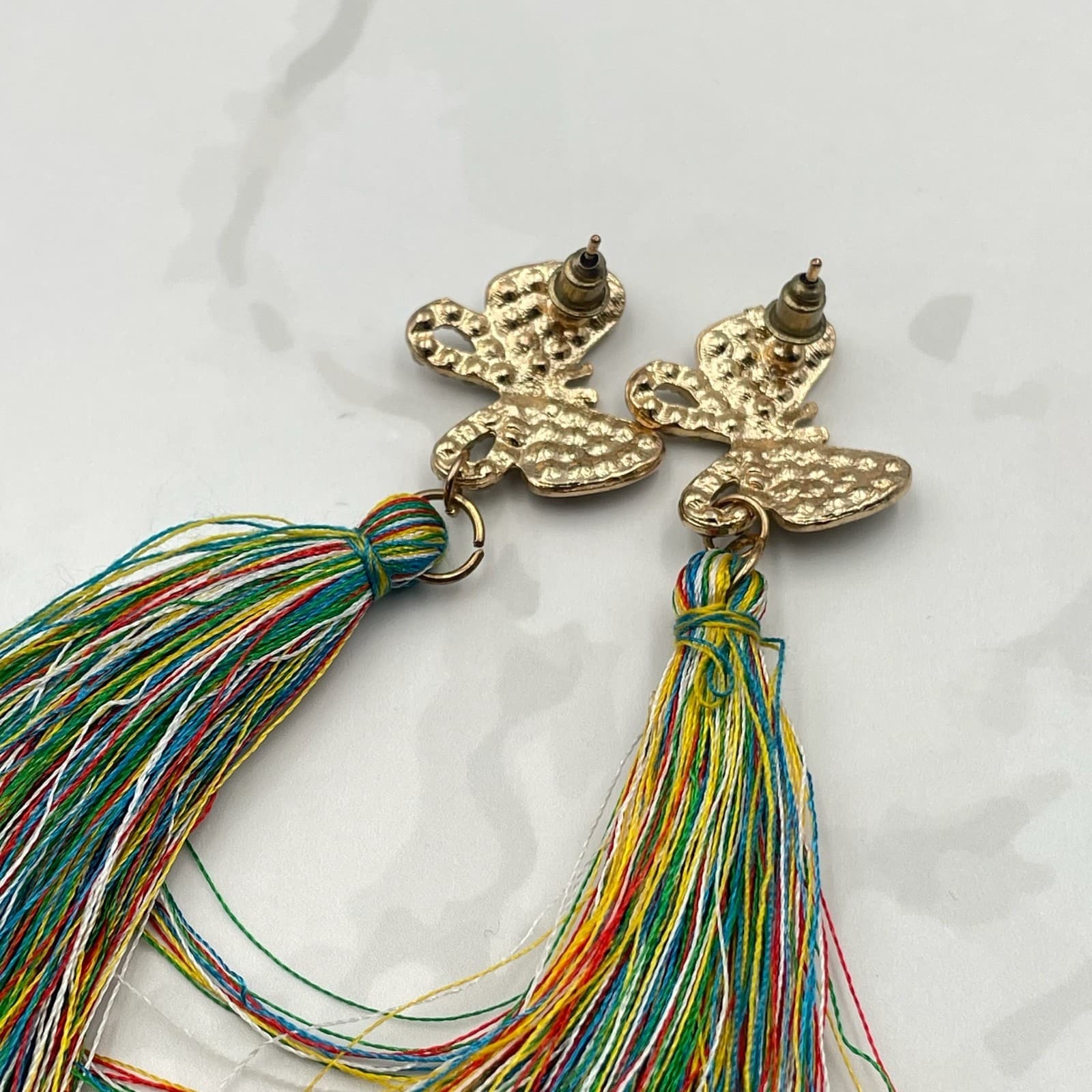 Vintage VTG Tassel Earrings Rhinestone Butterfly Gold Tone MultiColor Thread - Thumbnail 8