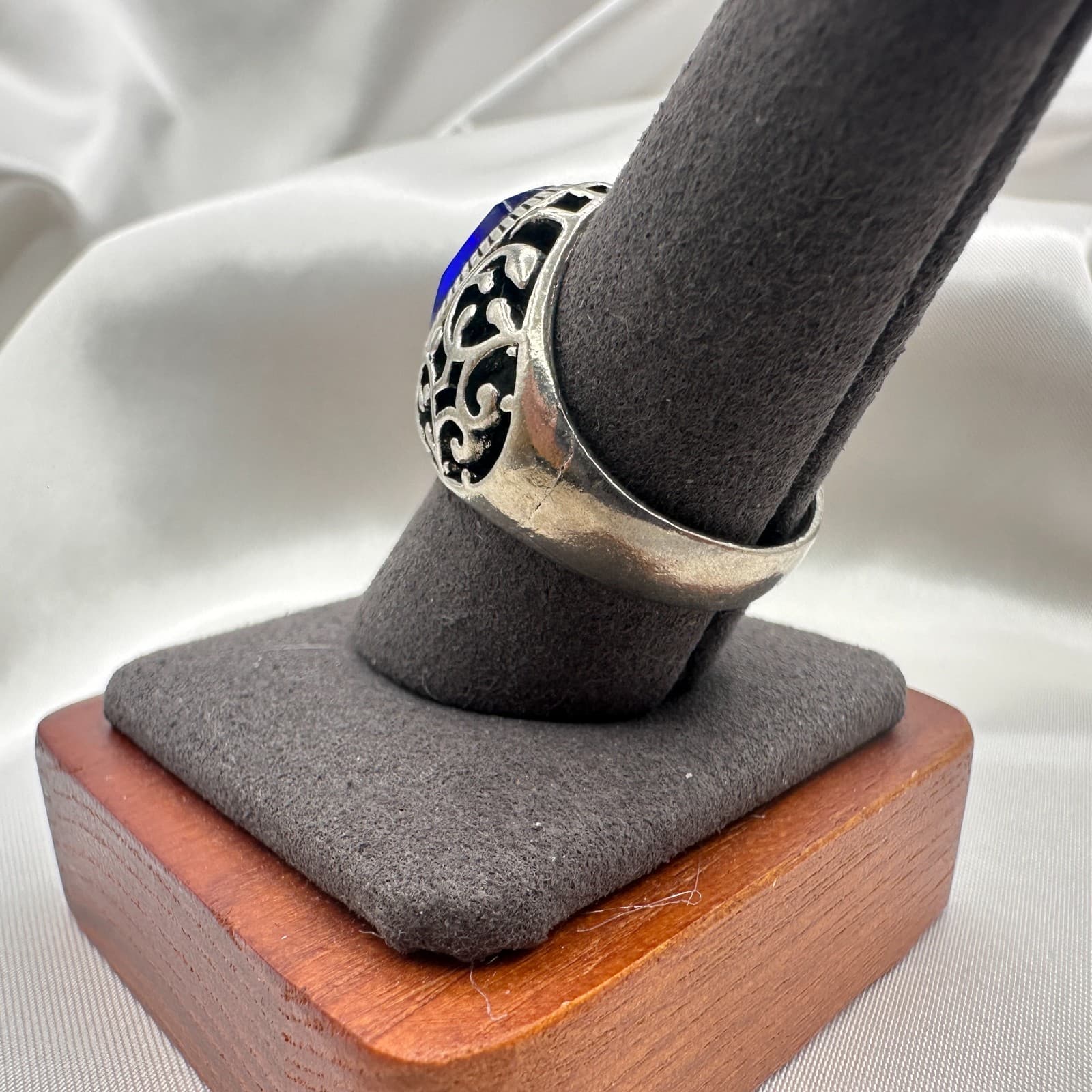 Vintage Y2K Filigree Silver Tone Blue Stone Ring Unisex Classic Fashion Jewelry - Thumbnail 5