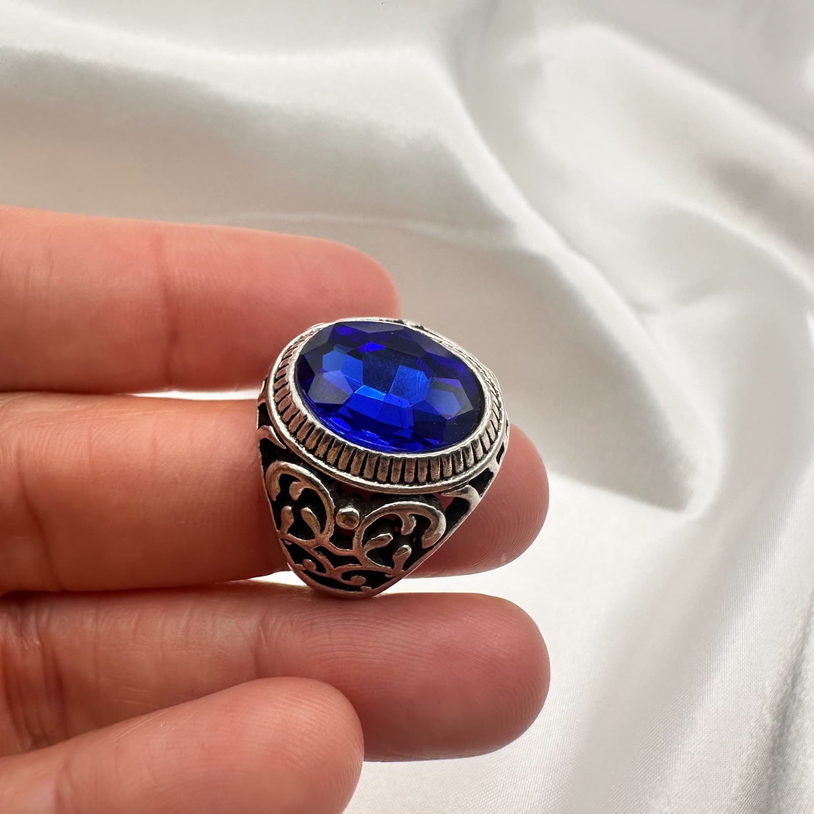 Vintage Y2K Filigree Silver Tone Blue Stone Ring Unisex Classic Fashion Jewelry - Thumbnail 9