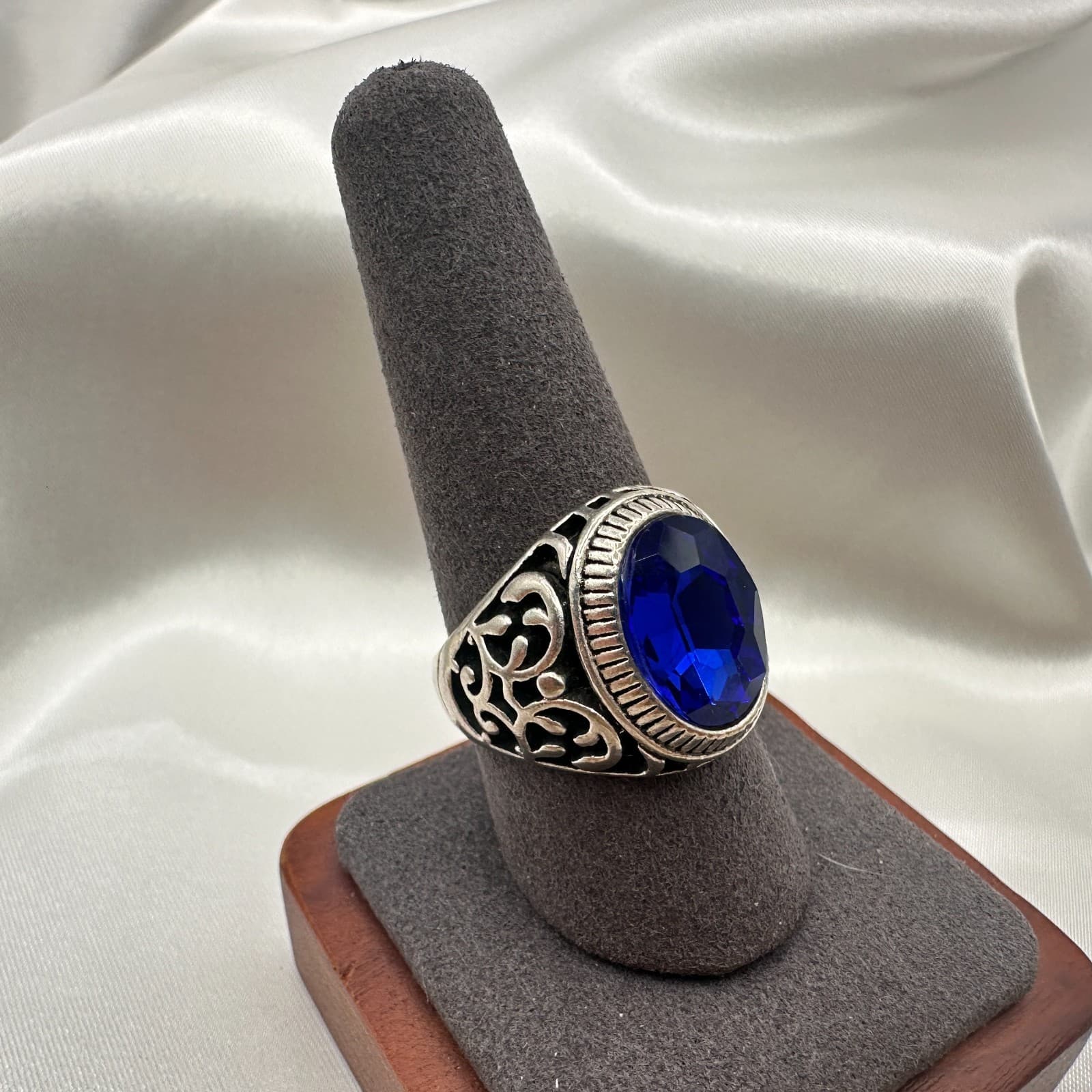 Vintage Y2K Filigree Silver Tone Blue Stone Ring Unisex Classic Fashion Jewelry - Thumbnail 3