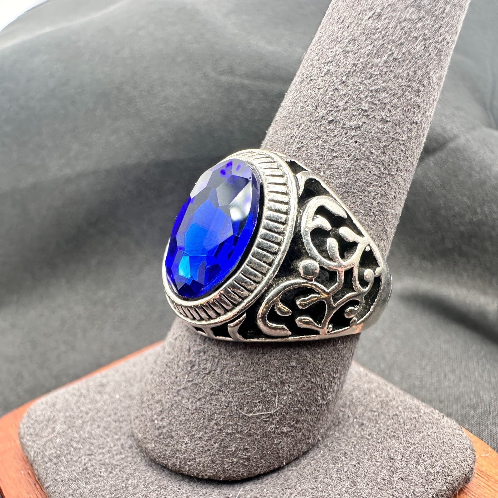 Vintage Y2K Filigree Silver Tone Blue Stone Ring Unisex Classic Fashion Jewelry - Thumbnail 8