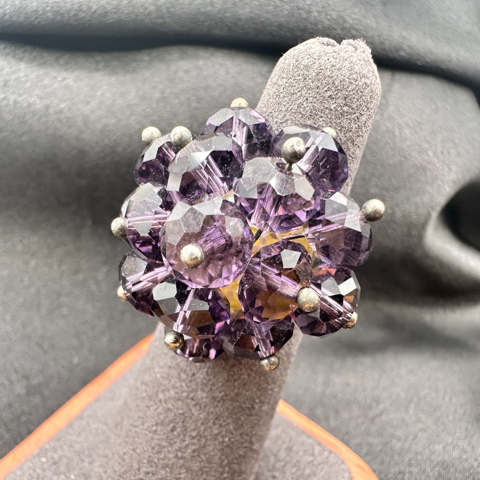 VTG Y2K Silver Tone Purple Beaded Statement Ring Women's Classic Fashion Jewelry - Thumbnail 6