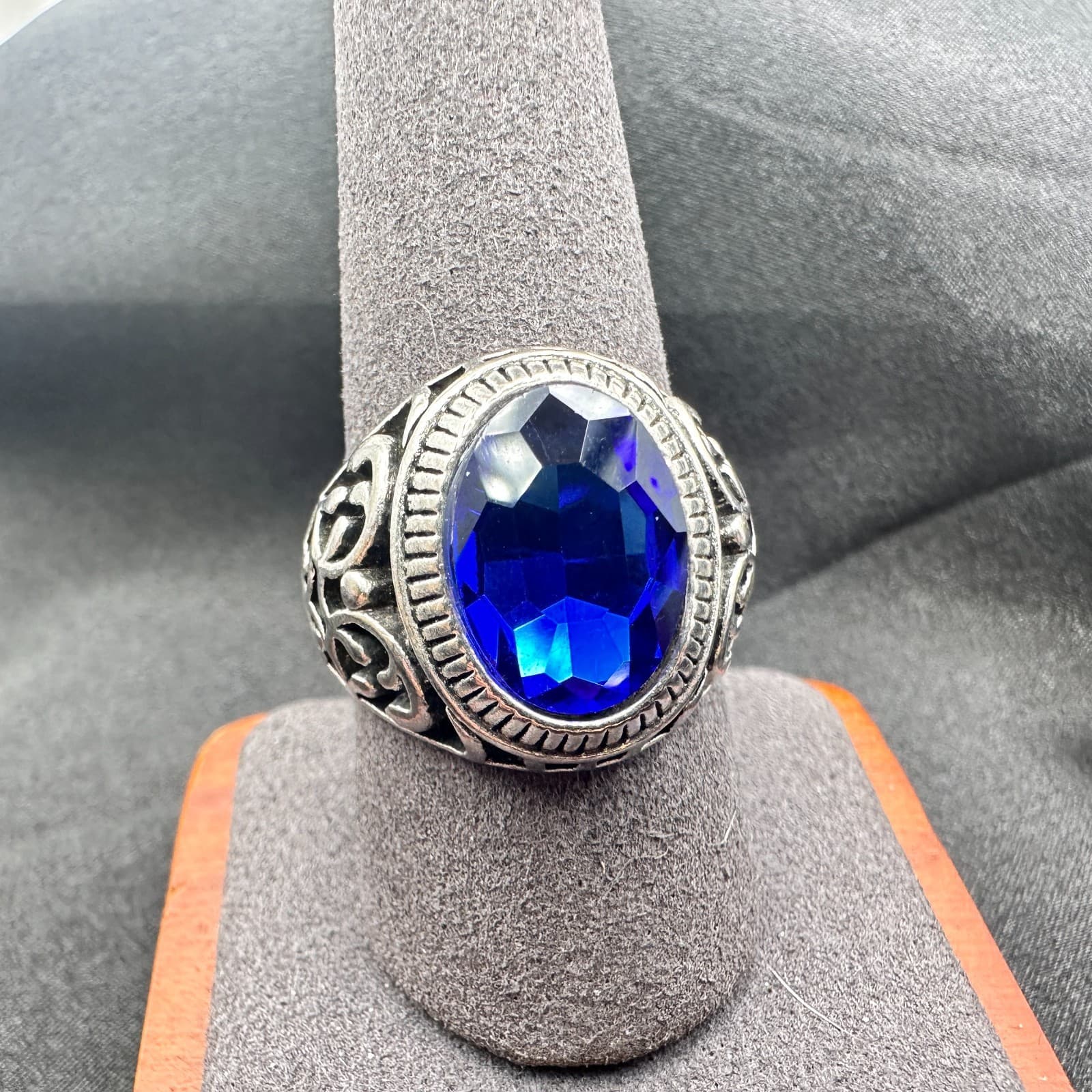 Vintage Y2K Filigree Silver Tone Blue Stone Ring Unisex Classic Fashion Jewelry - Thumbnail 7