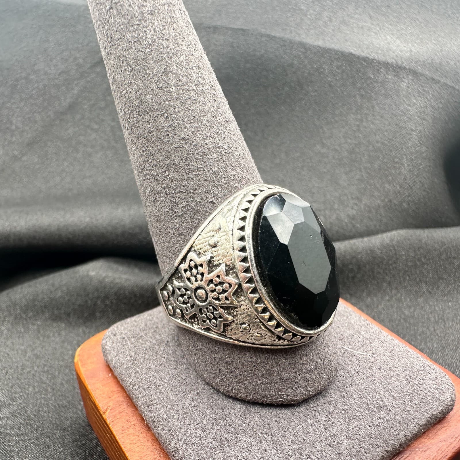 Vintage Y2K Filigree Silver Tone Black Onyx Stone Ring Men's Classic Jewelry - Thumbnail 8
