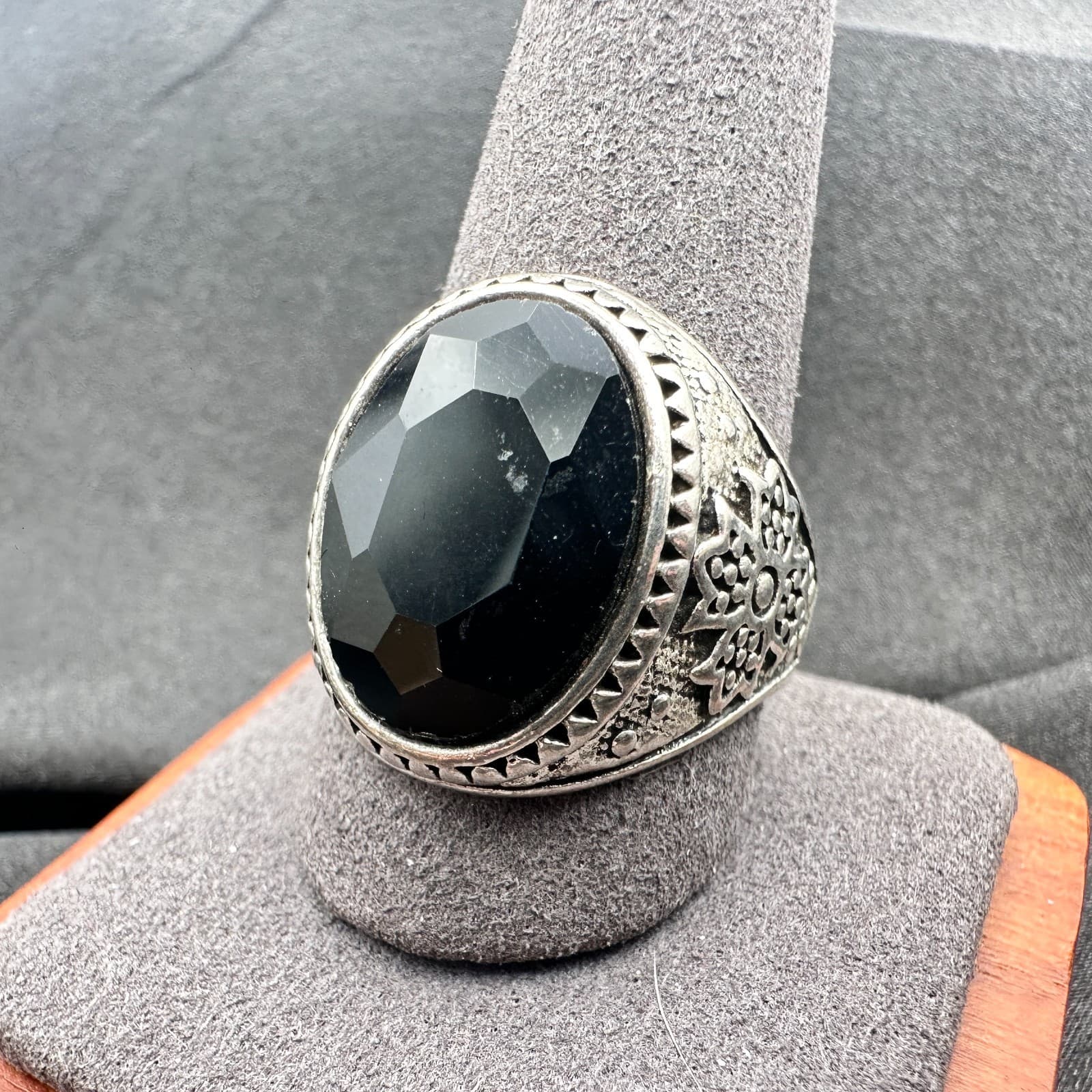 Vintage Y2K Filigree Silver Tone Black Onyx Stone Ring Men's Classic Jewelry - Thumbnail 6