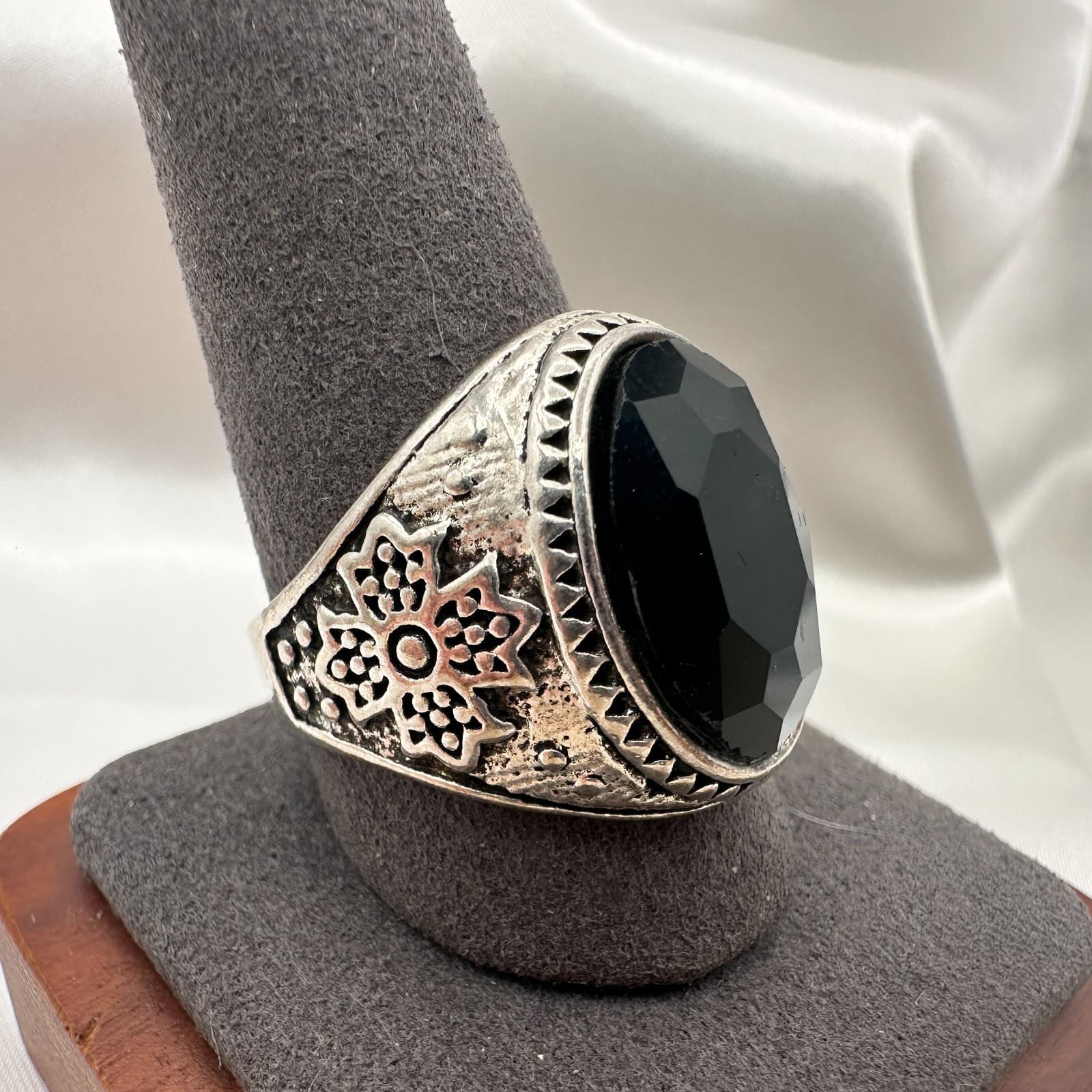 Vintage Y2K Filigree Silver Tone Black Onyx Stone Ring Men's Classic Jewelry - Thumbnail 2