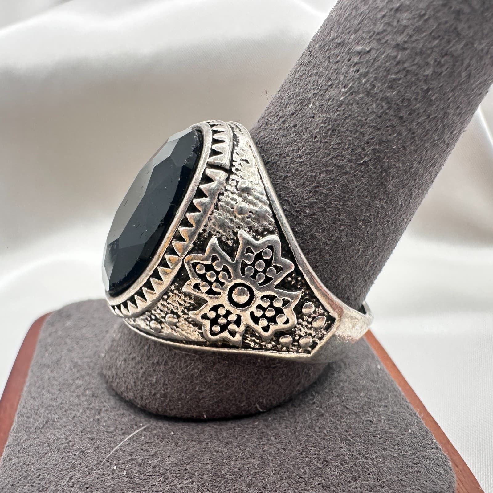 Vintage Y2K Filigree Silver Tone Black Onyx Stone Ring Men's Classic Jewelry - Thumbnail 4