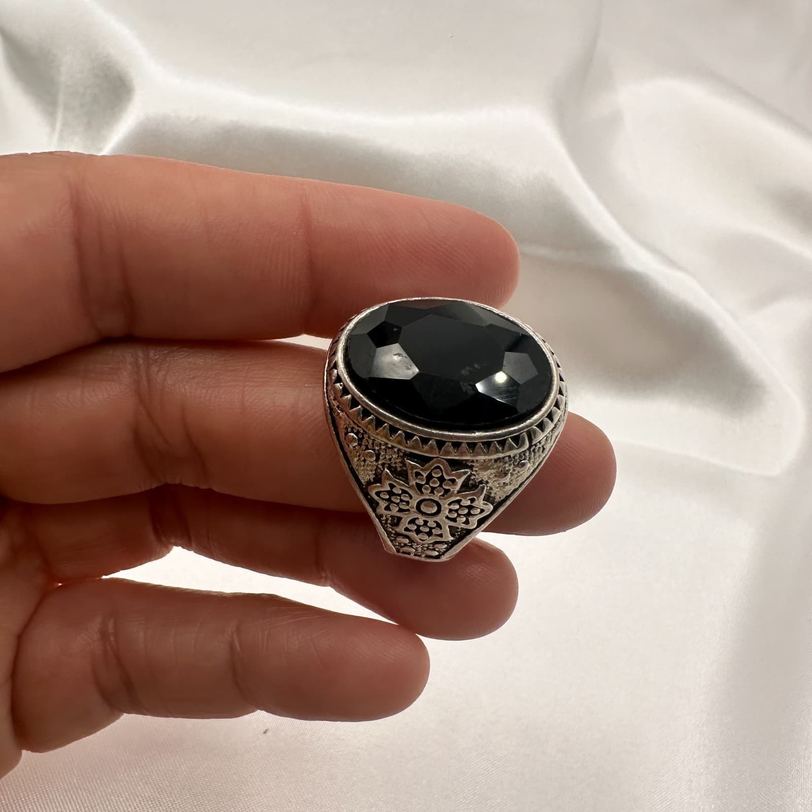 Vintage Y2K Filigree Silver Tone Black Onyx Stone Ring Men's Classic Jewelry - Thumbnail 9