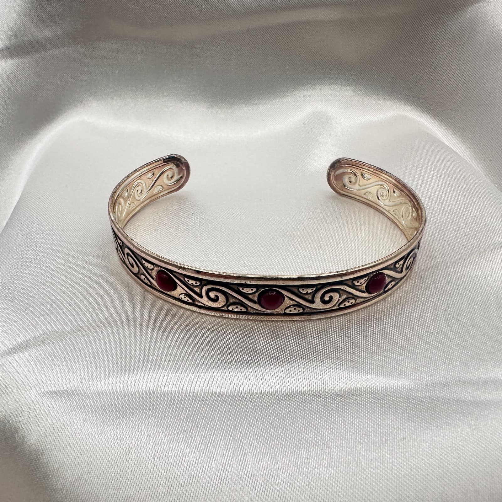 Vintage 90s Silver Tone Red Glass Scroll Cuff Bracelet Boho Ethnic Jewelry - Image 1
