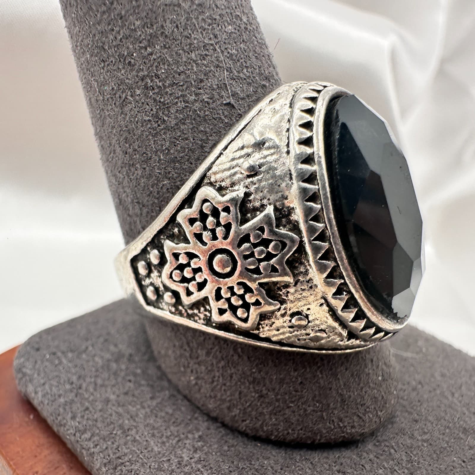 Vintage Y2K Filigree Silver Tone Black Onyx Stone Ring Men's Classic Jewelry - Thumbnail 3