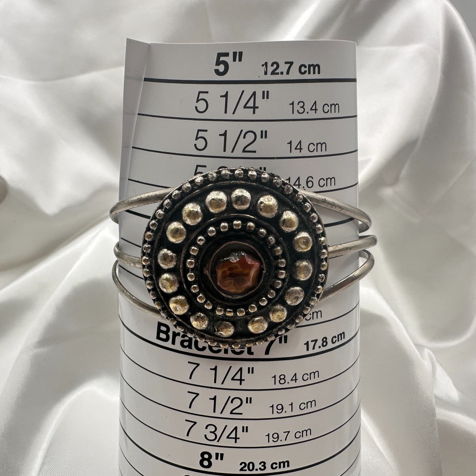 Vintage 90s Cuff Bracelet Silver Tone Brown Glass Statement Boho Fashion Jewelry - Thumbnail 11