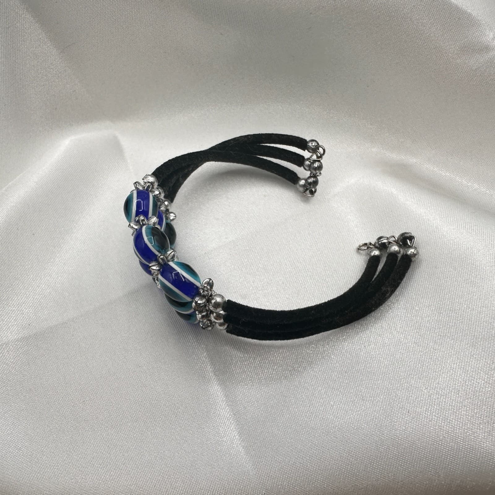 Vintage 90s Evil Eye Bracelet Blue Glass Beads Silver Tone Multi-Strand Boho - Thumbnail 3