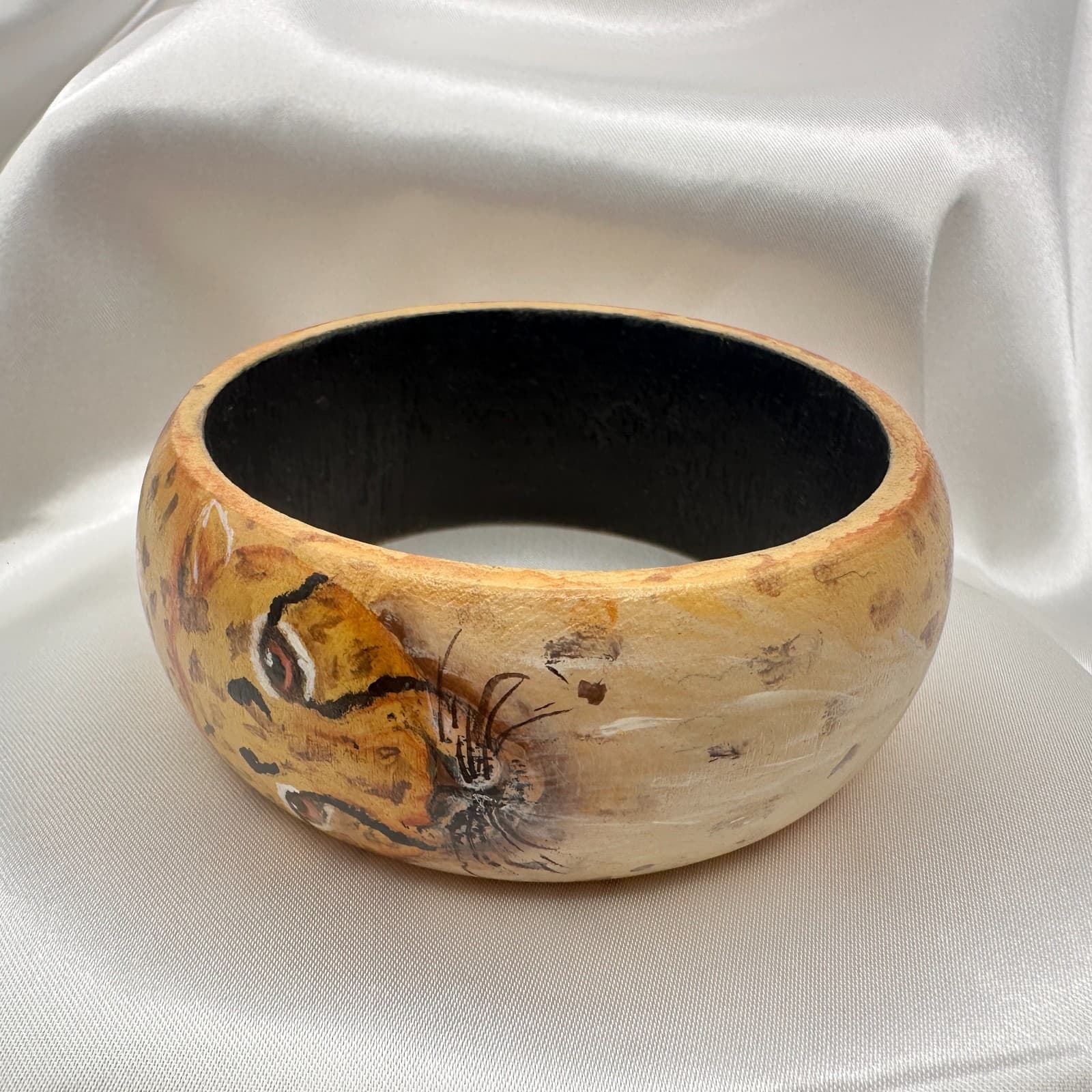 Vintage 90s Wooden Tiger Face Bangle Wide Exotic Animal Print Bracelet Jewelry - Image 1