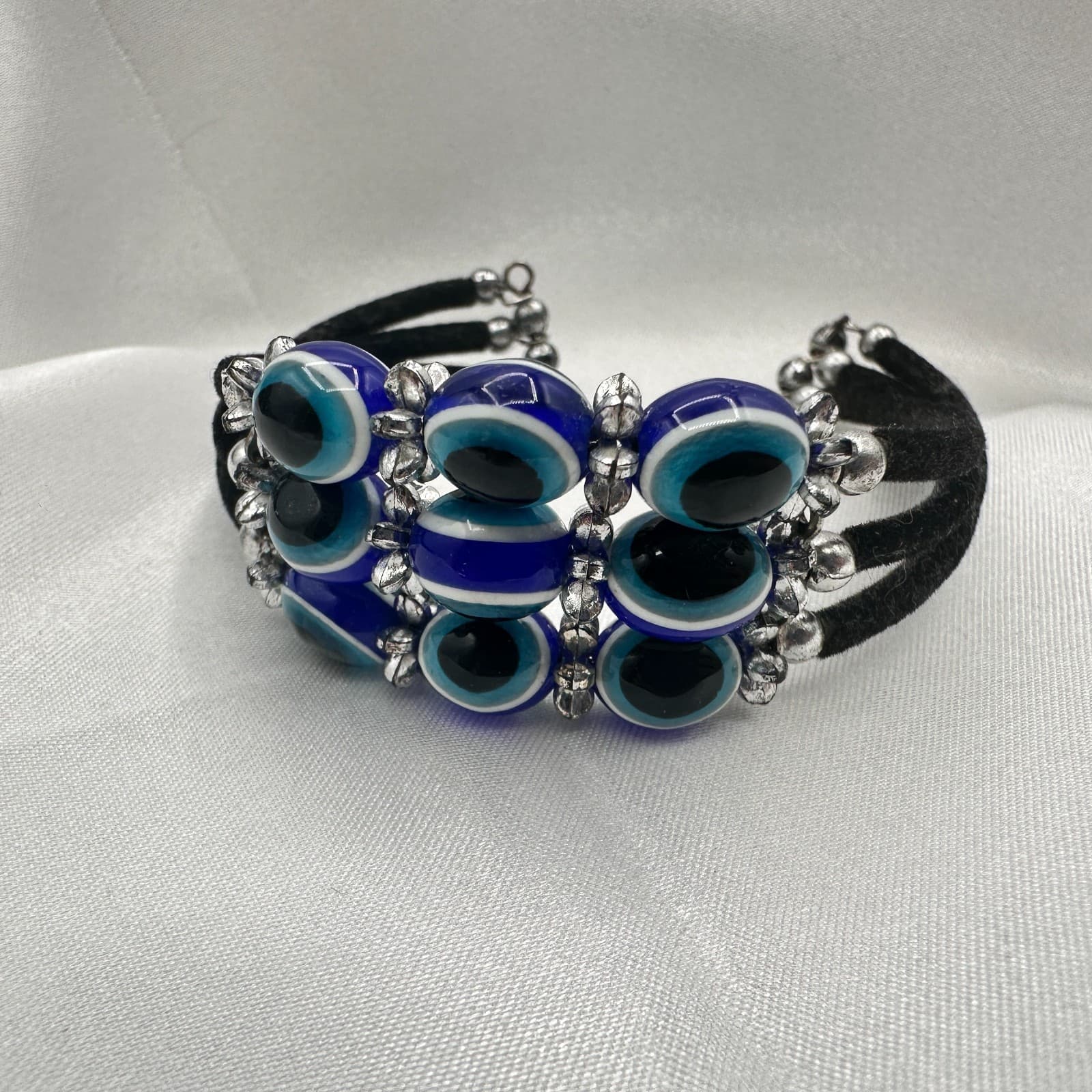 Vintage 90s Evil Eye Bracelet Blue Glass Beads Silver Tone Multi-Strand Boho - Image 1