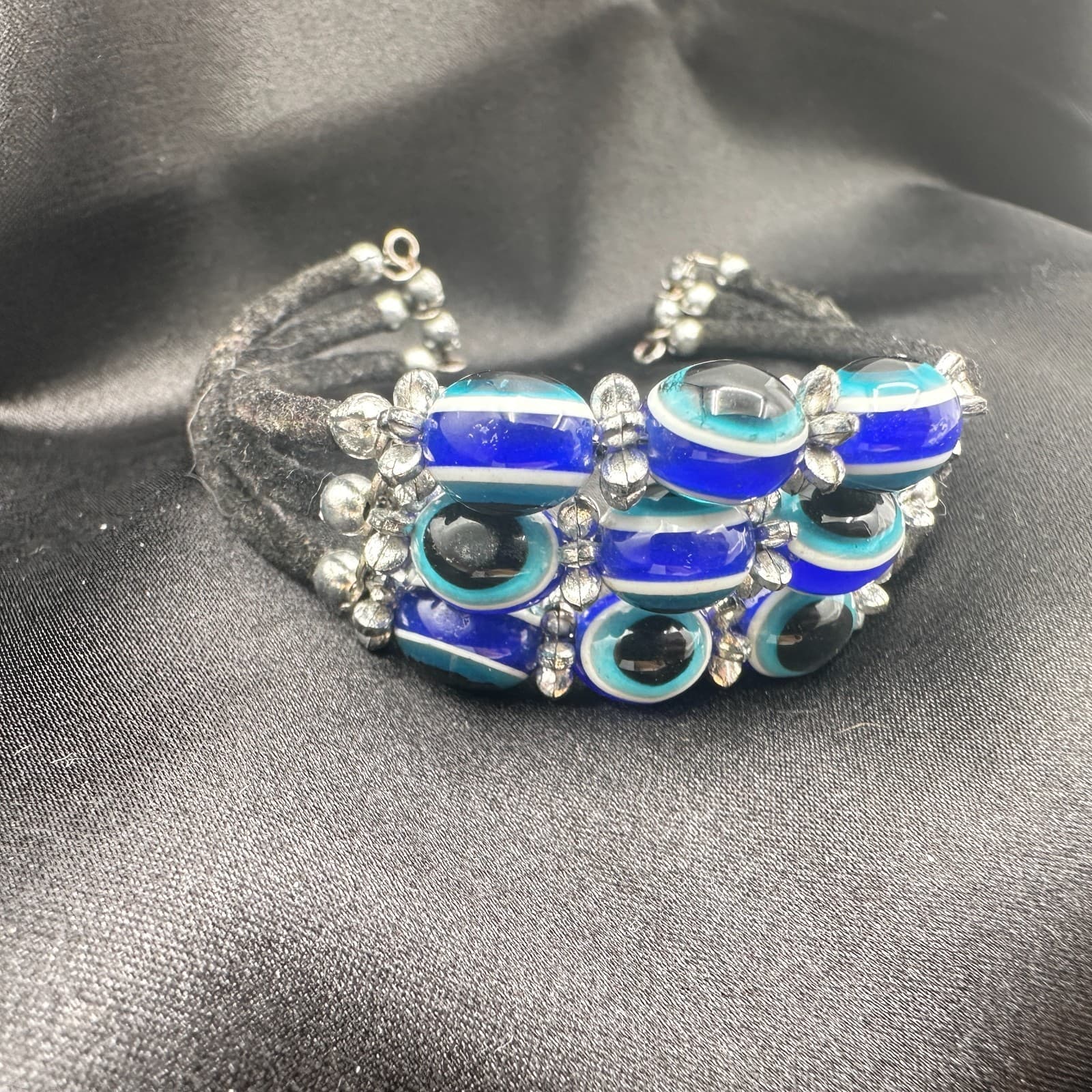 Vintage 90s Evil Eye Bracelet Blue Glass Beads Silver Tone Multi-Strand Boho - Thumbnail 7