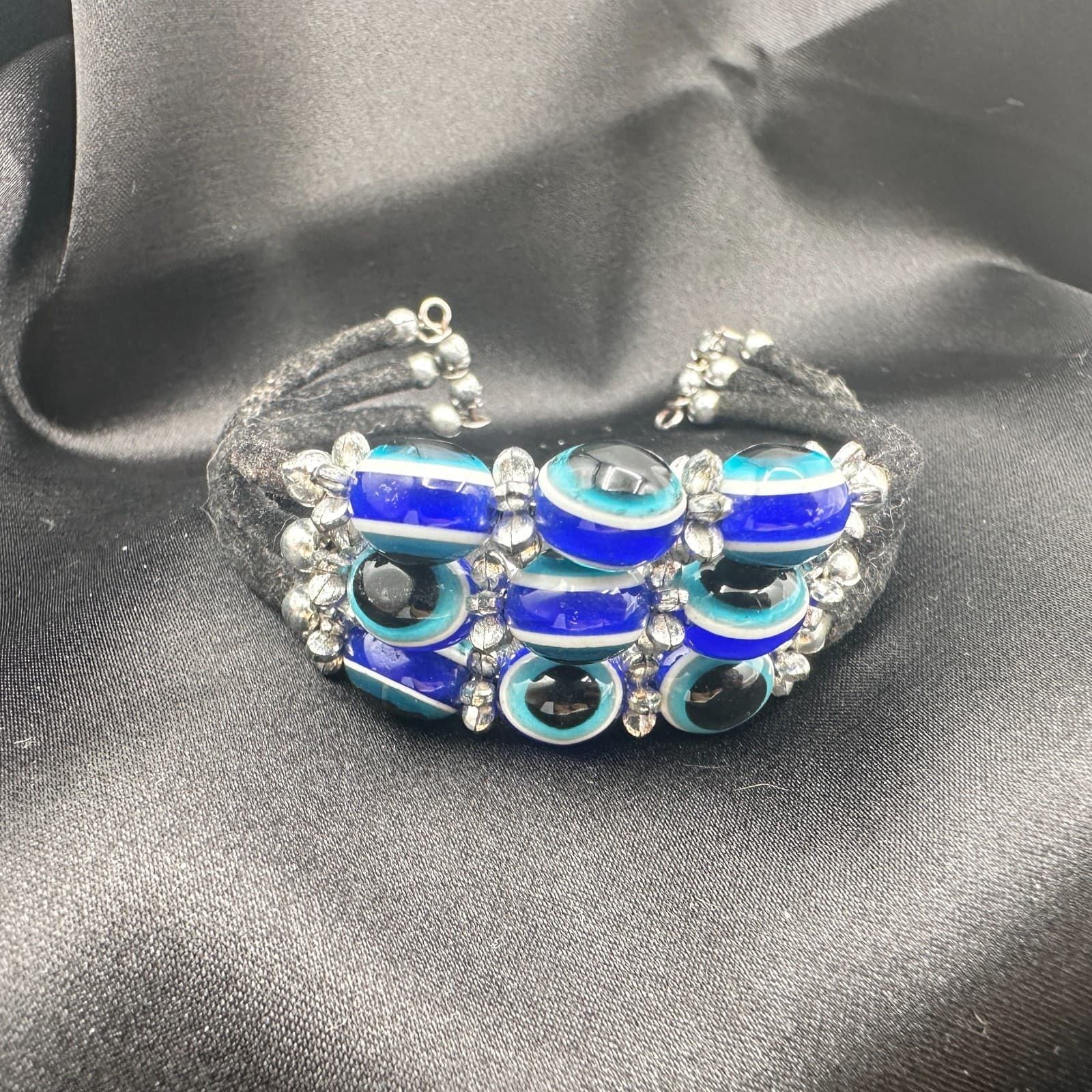 Vintage 90s Evil Eye Bracelet Blue Glass Beads Silver Tone Multi-Strand Boho - Thumbnail 5