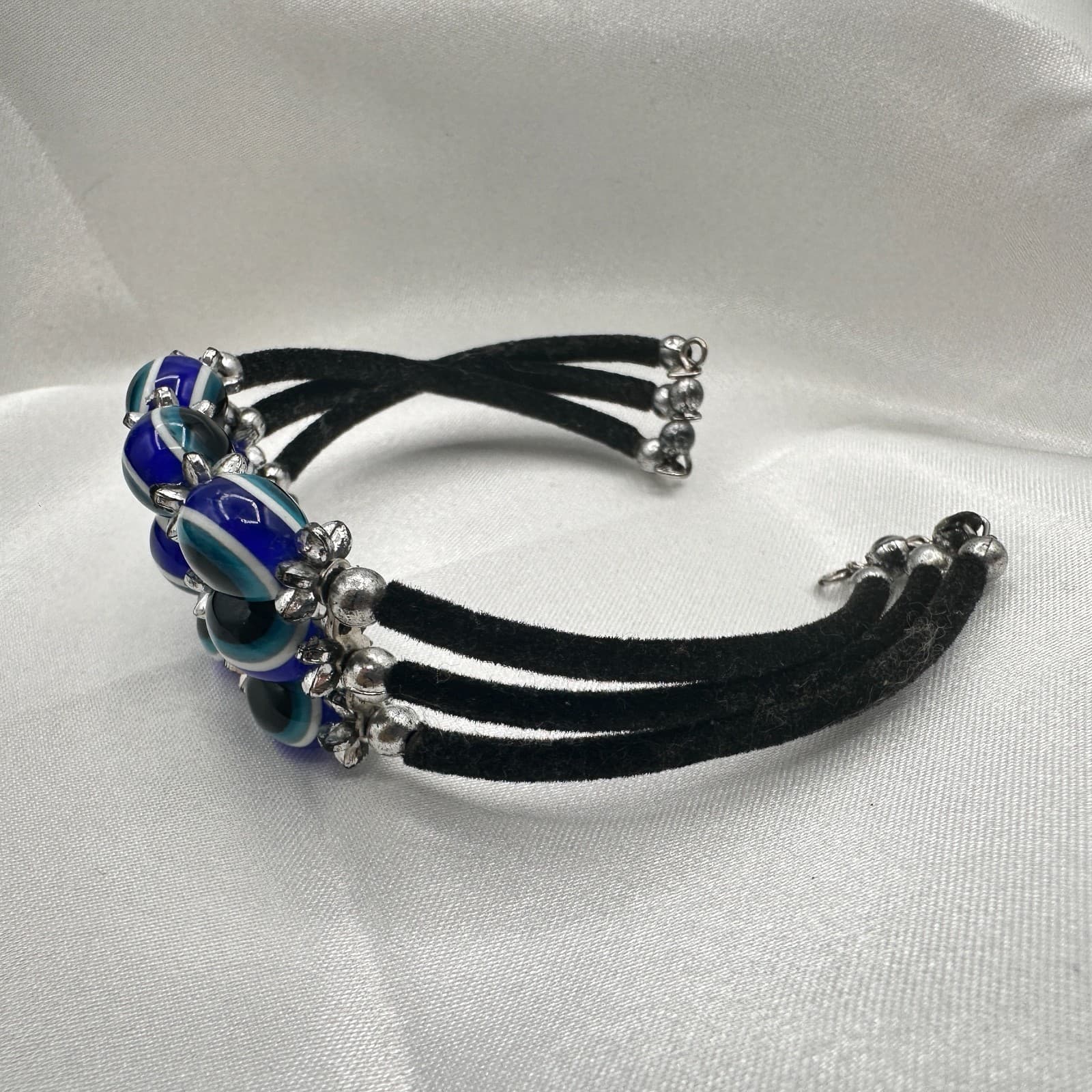 Vintage 90s Evil Eye Bracelet Blue Glass Beads Silver Tone Multi-Strand Boho - Thumbnail 2