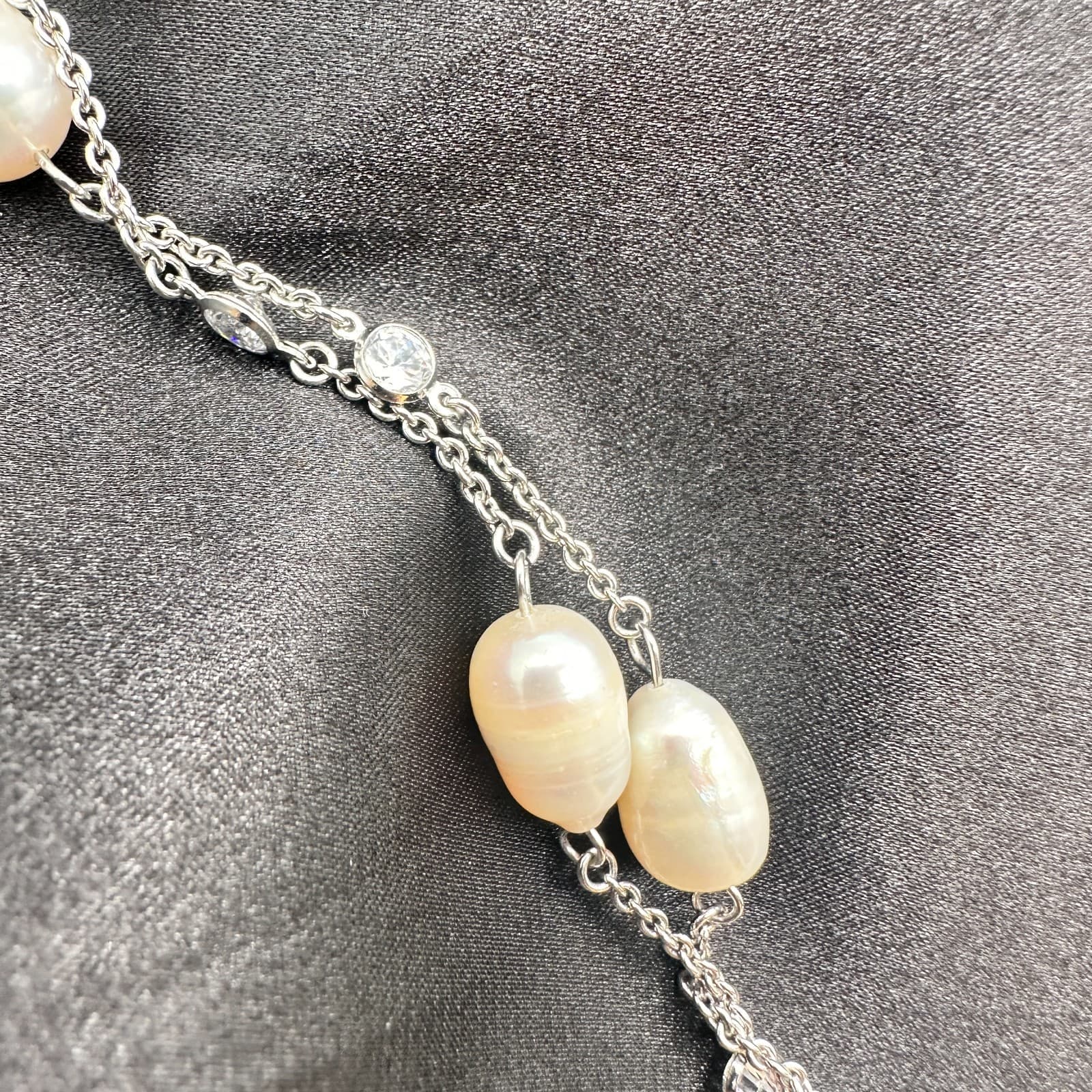 Vintage 90s Silver Tone Floating Oval Freshwater Pearl Layered Necklace Jewelry - Thumbnail 10