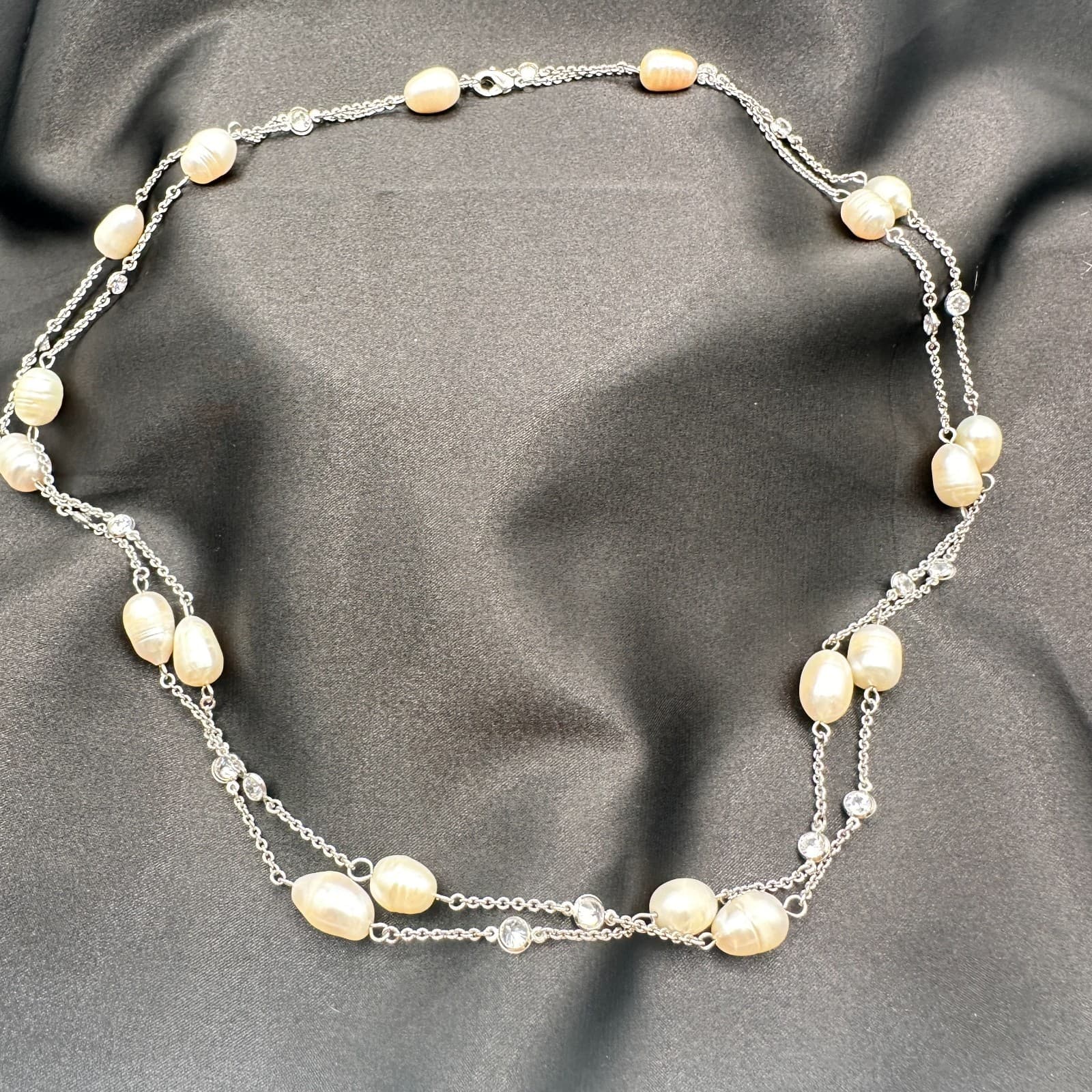 Vintage 90s Silver Tone Floating Oval Freshwater Pearl Layered Necklace Jewelry - Thumbnail 11