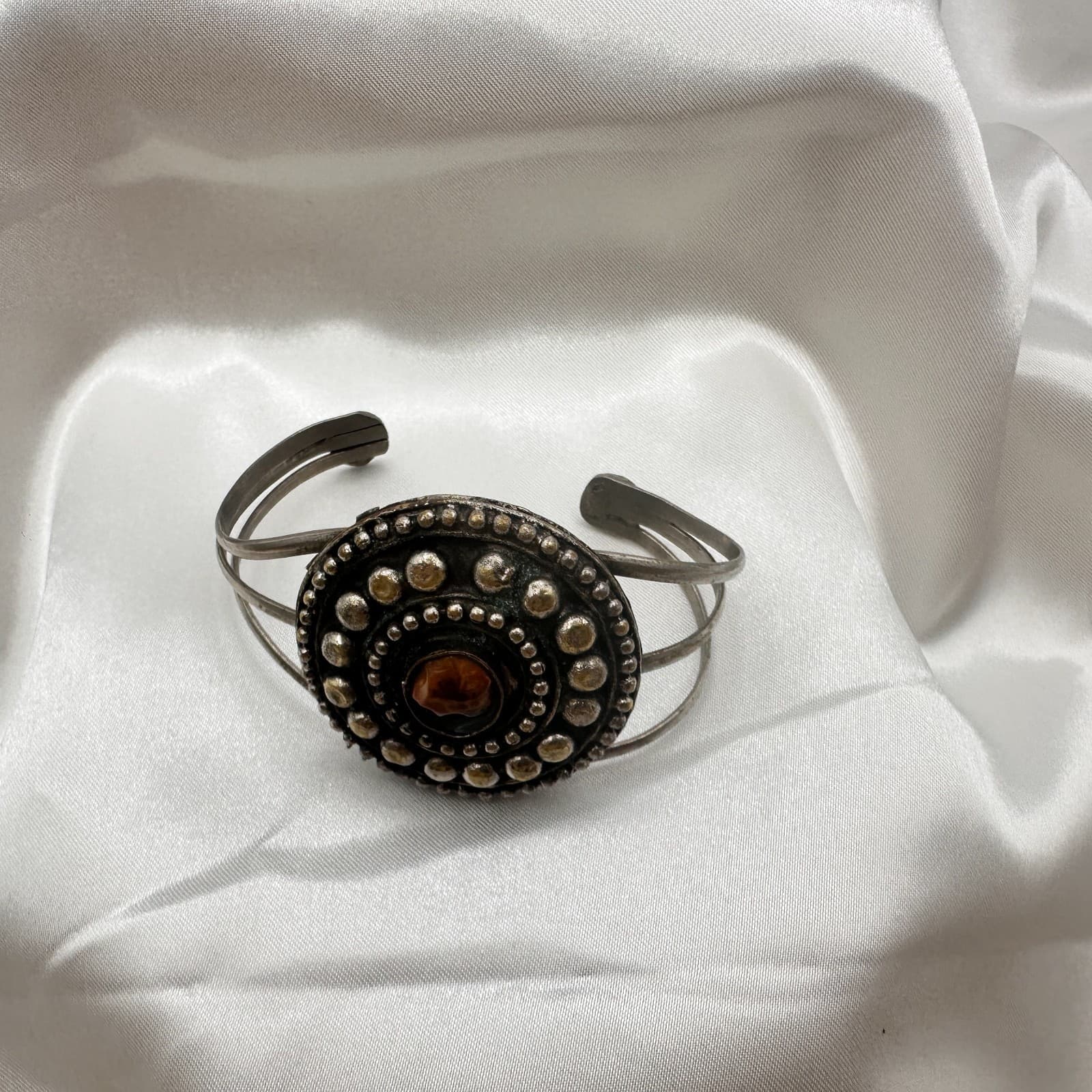 Vintage 90s Cuff Bracelet Silver Tone Brown Glass Statement Boho Fashion Jewelry - Thumbnail 2