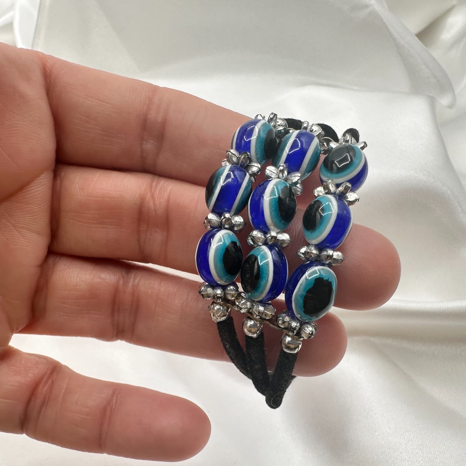 Vintage 90s Evil Eye Bracelet Blue Glass Beads Silver Tone Multi-Strand Boho - Thumbnail 8