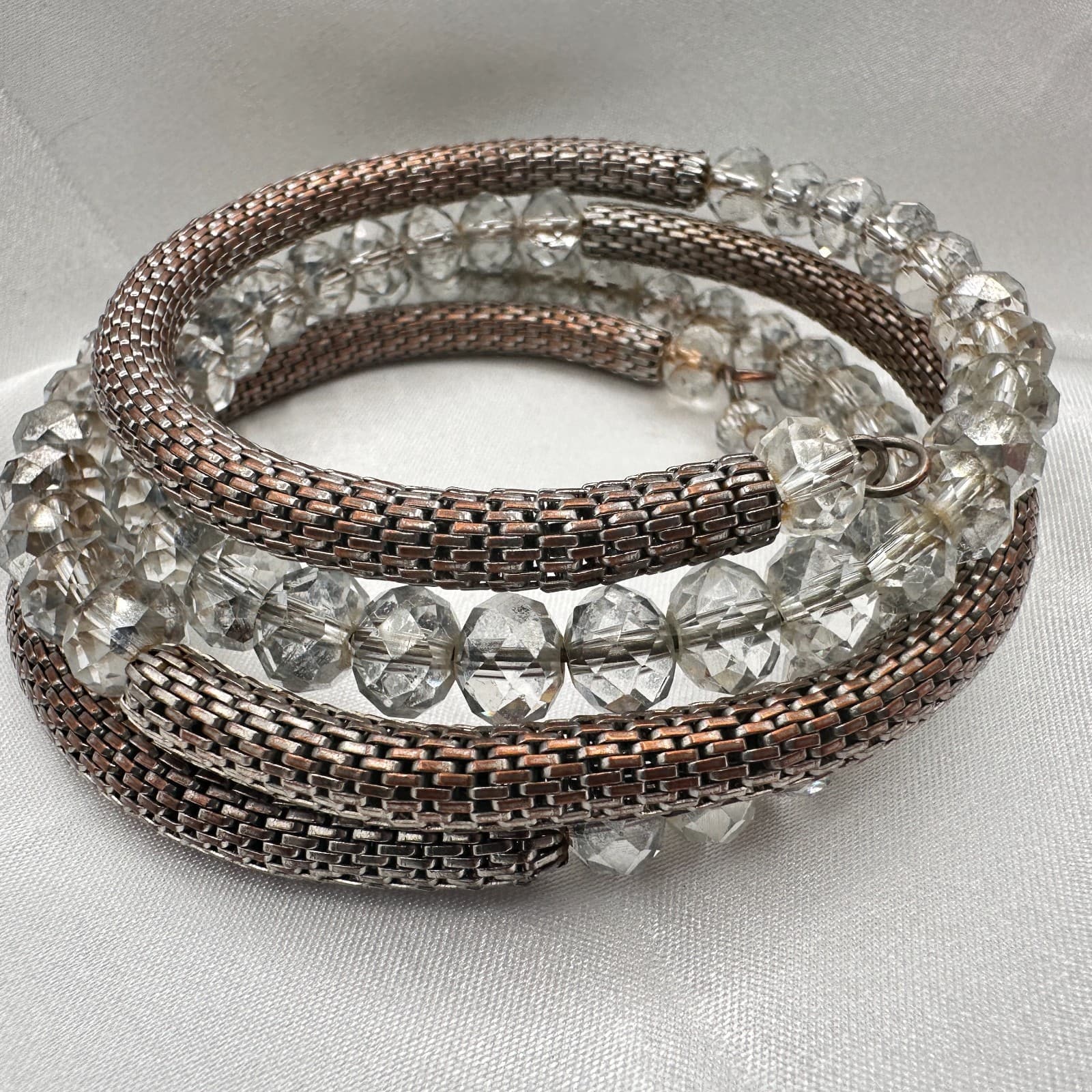 Vintage 90s Coil Wrap Bracelet Silver Tone Mesh Clear Glass Beads Statement - Thumbnail 3
