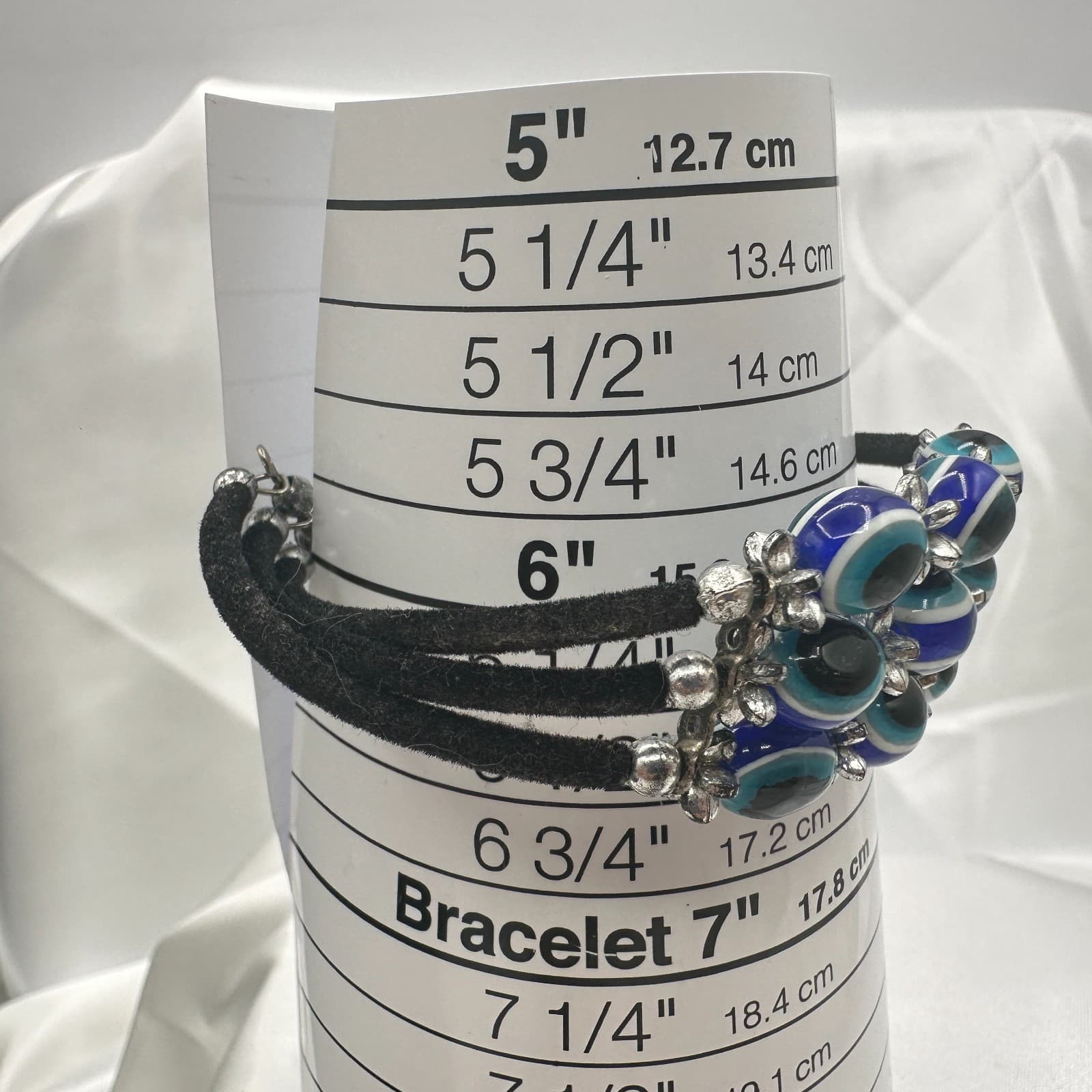 Vintage 90s Evil Eye Bracelet Blue Glass Beads Silver Tone Multi-Strand Boho - Thumbnail 9