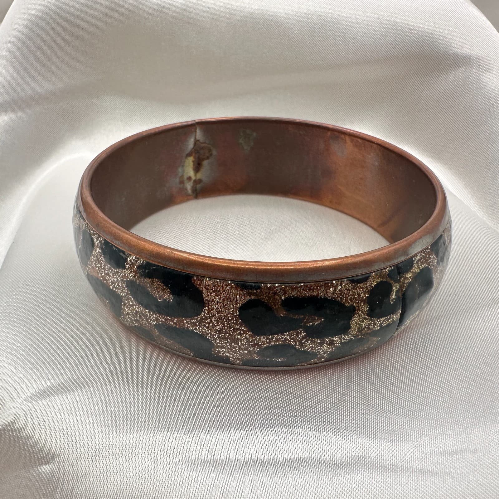 Vintage 80s Leopard Bangle Wide Cheetah Animal Print Sparkle Bracelet Jewelry - Image 1