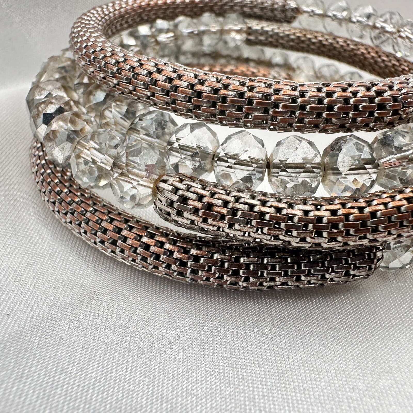 Vintage 90s Coil Wrap Bracelet Silver Tone Mesh Clear Glass Beads Statement - Thumbnail 4