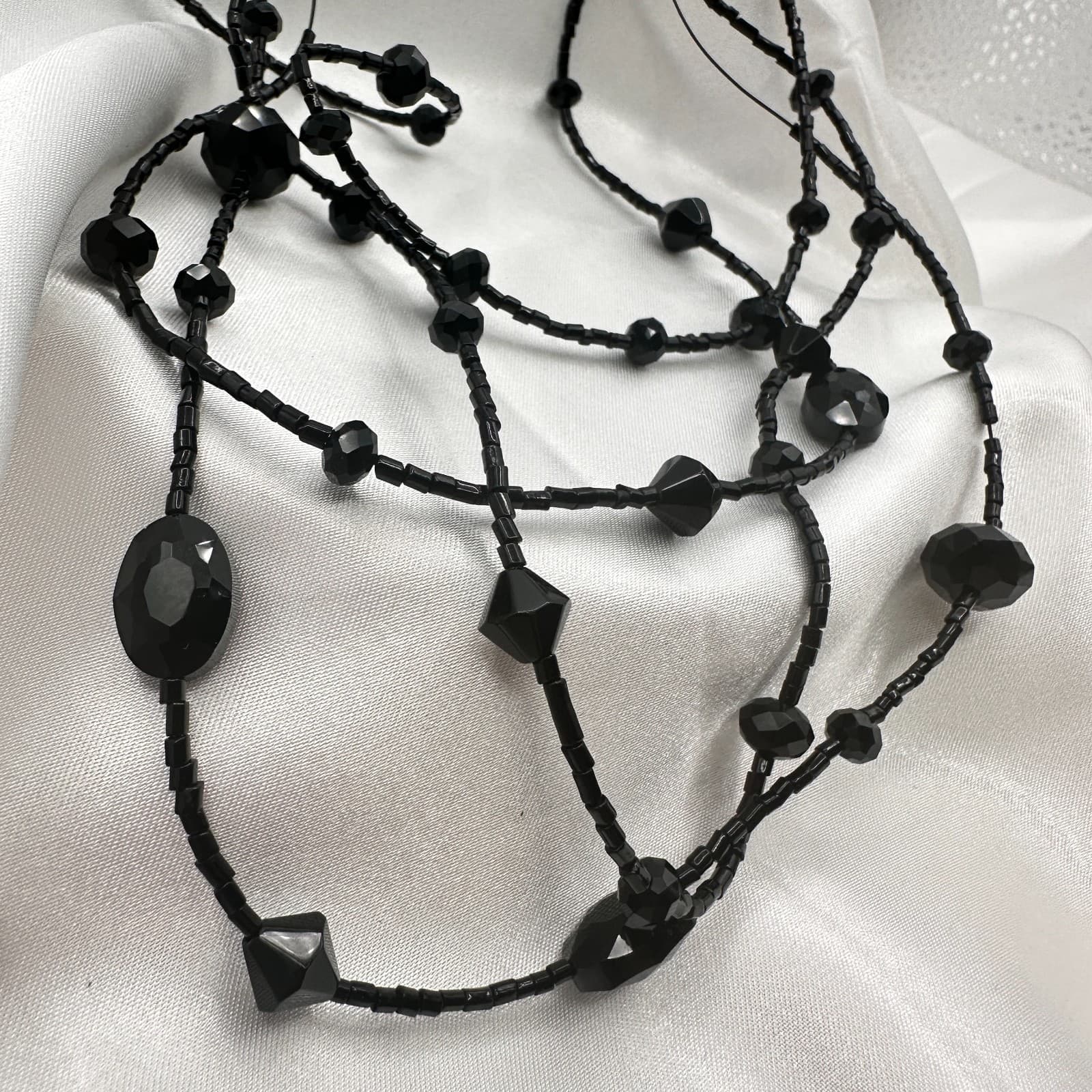 Vintage 90s Black Glass Multi Strand Layered Statement Necklace Boho Chic Goth - Thumbnail 5