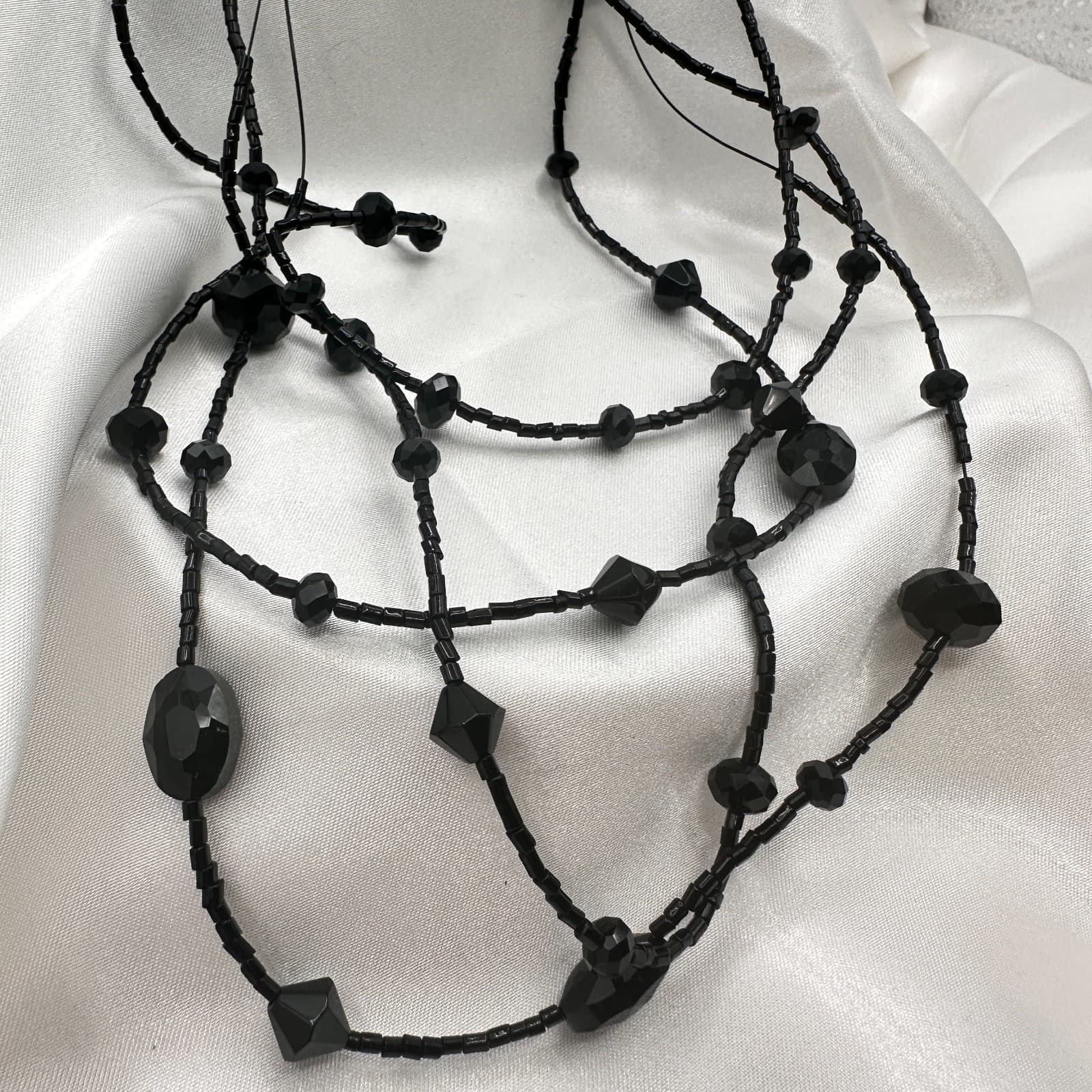 Vintage 90s Black Glass Multi Strand Layered Statement Necklace Boho Chic Goth - Thumbnail 2