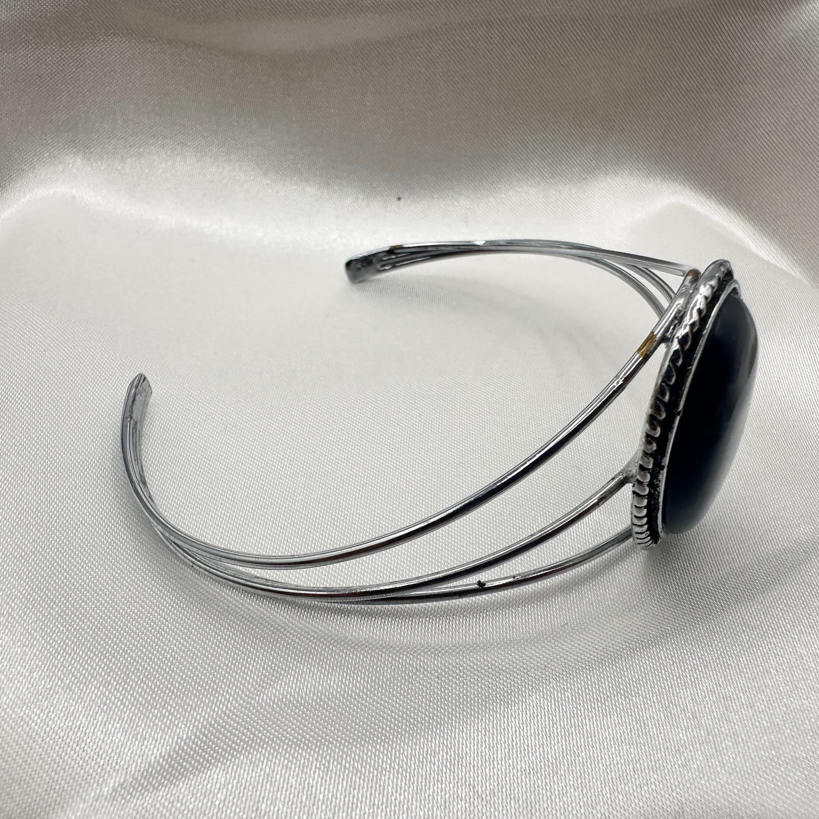 Vintage 80s Navajo Silver Tone Black Cabochon Rope Cuff Bangle Bracelet Jewelry - Thumbnail 2