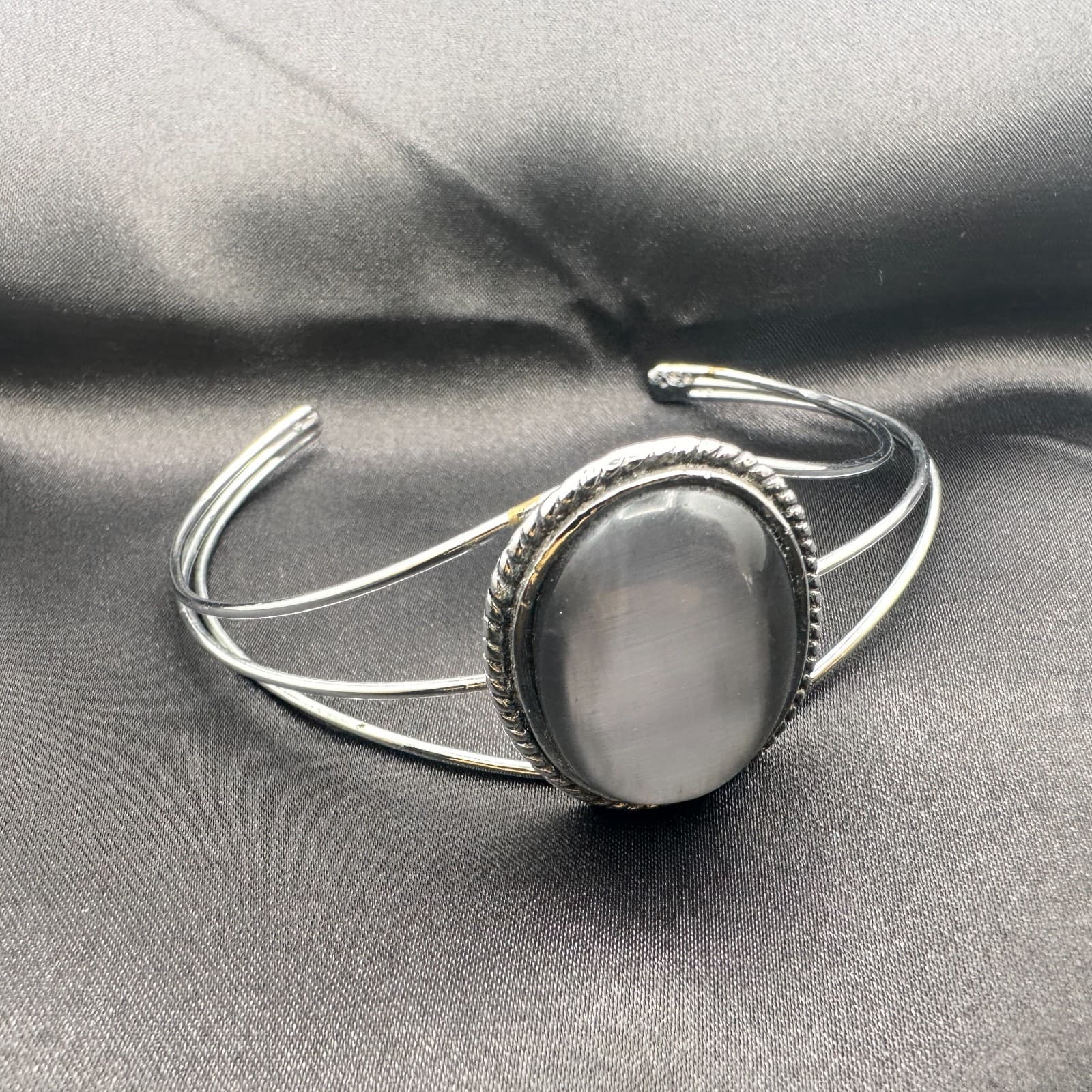 Vintage 80s Navajo Silver Tone Black Cabochon Rope Cuff Bangle Bracelet Jewelry - Thumbnail 6