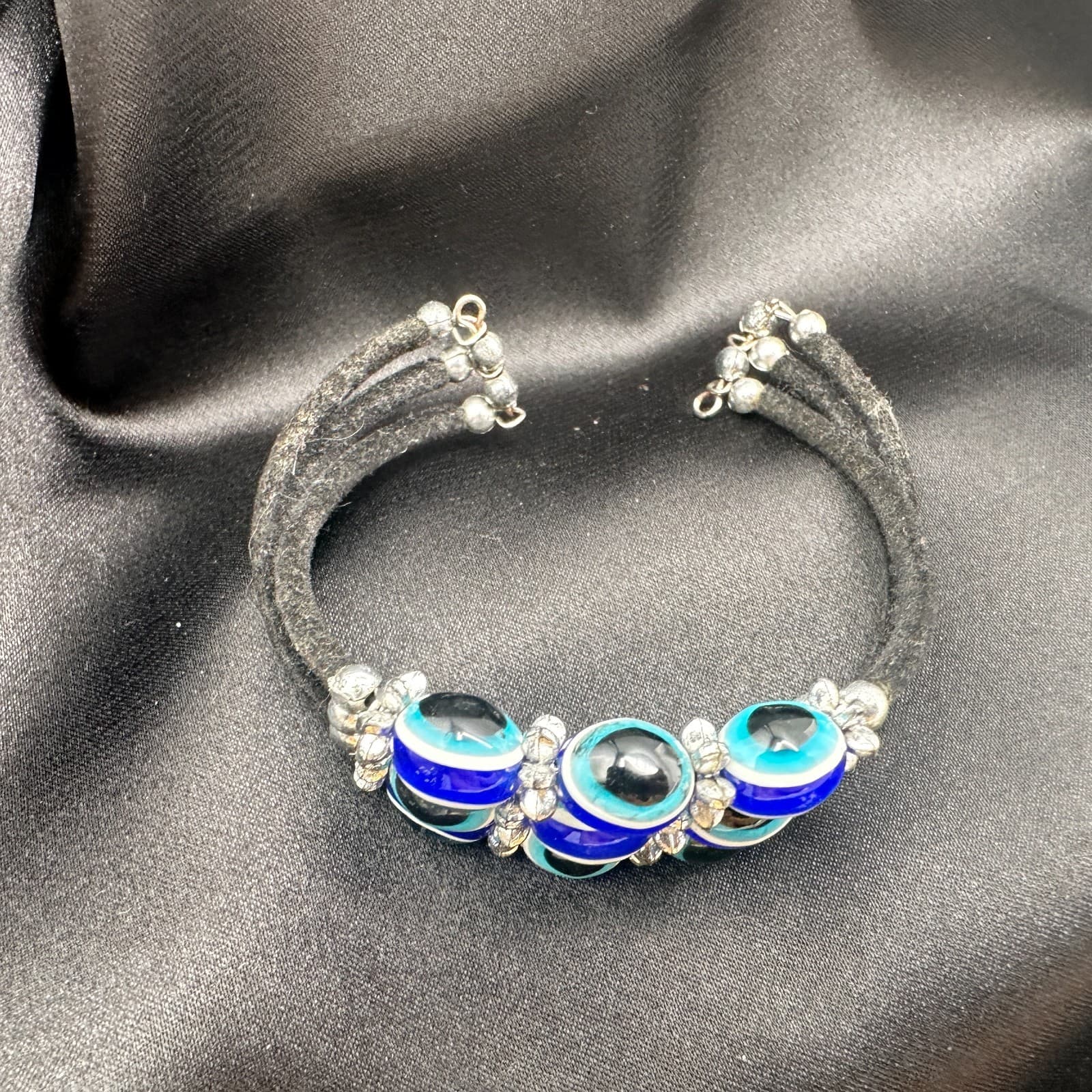 Vintage 90s Evil Eye Bracelet Blue Glass Beads Silver Tone Multi-Strand Boho - Thumbnail 6