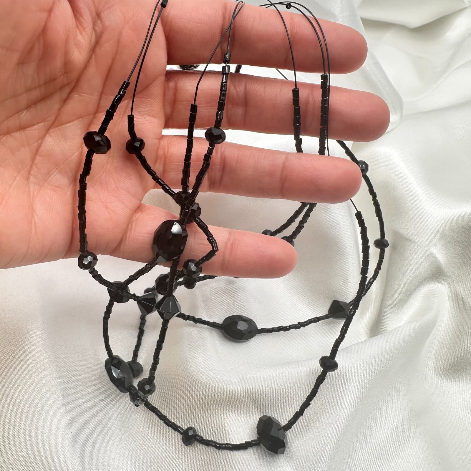 Vintage 90s Black Glass Multi Strand Layered Statement Necklace Boho Chic Goth - Thumbnail 7