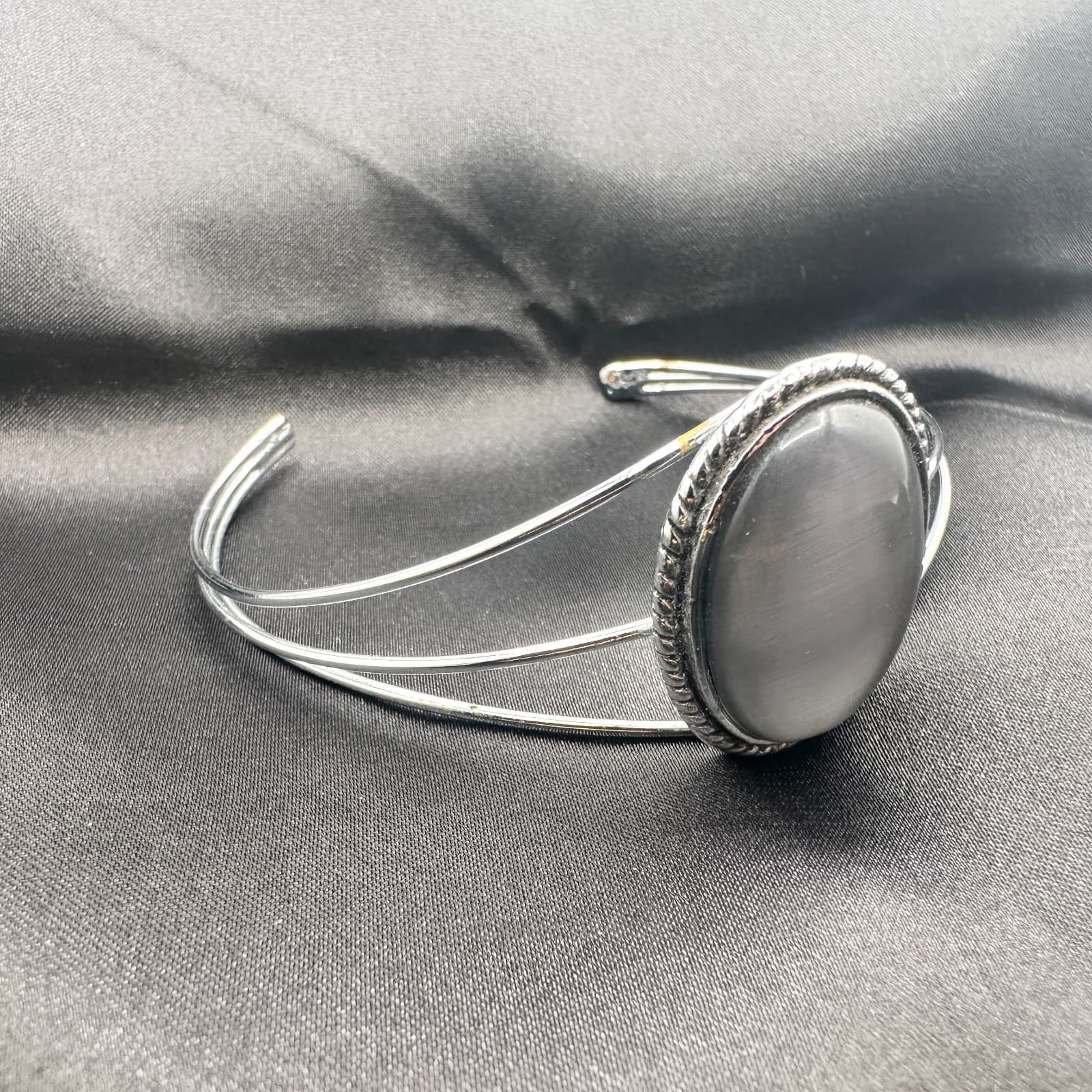 Vintage 80s Navajo Silver Tone Black Cabochon Rope Cuff Bangle Bracelet Jewelry - Thumbnail 8