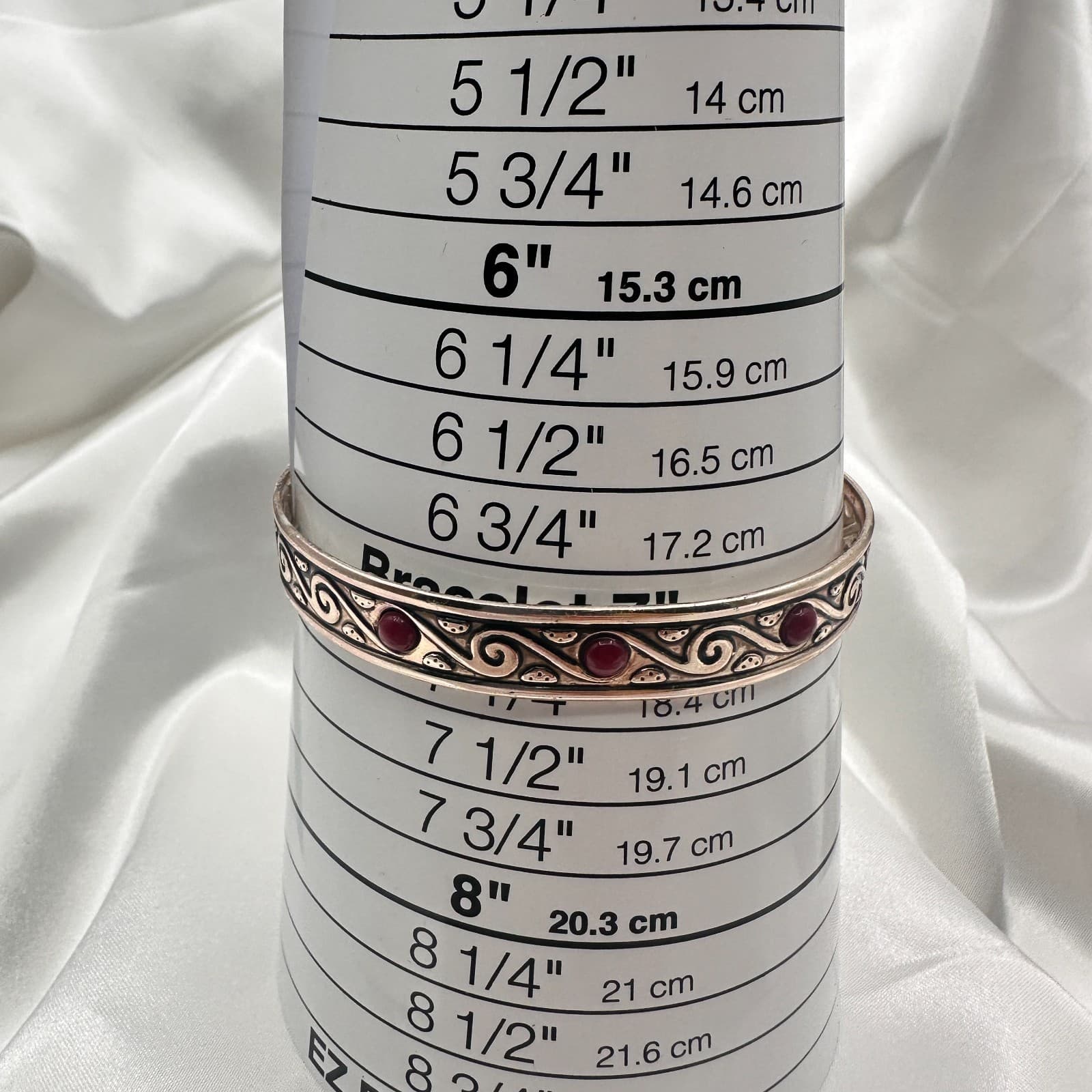 Vintage 90s Silver Tone Red Glass Scroll Cuff Bracelet Boho Ethnic Jewelry - Thumbnail 10