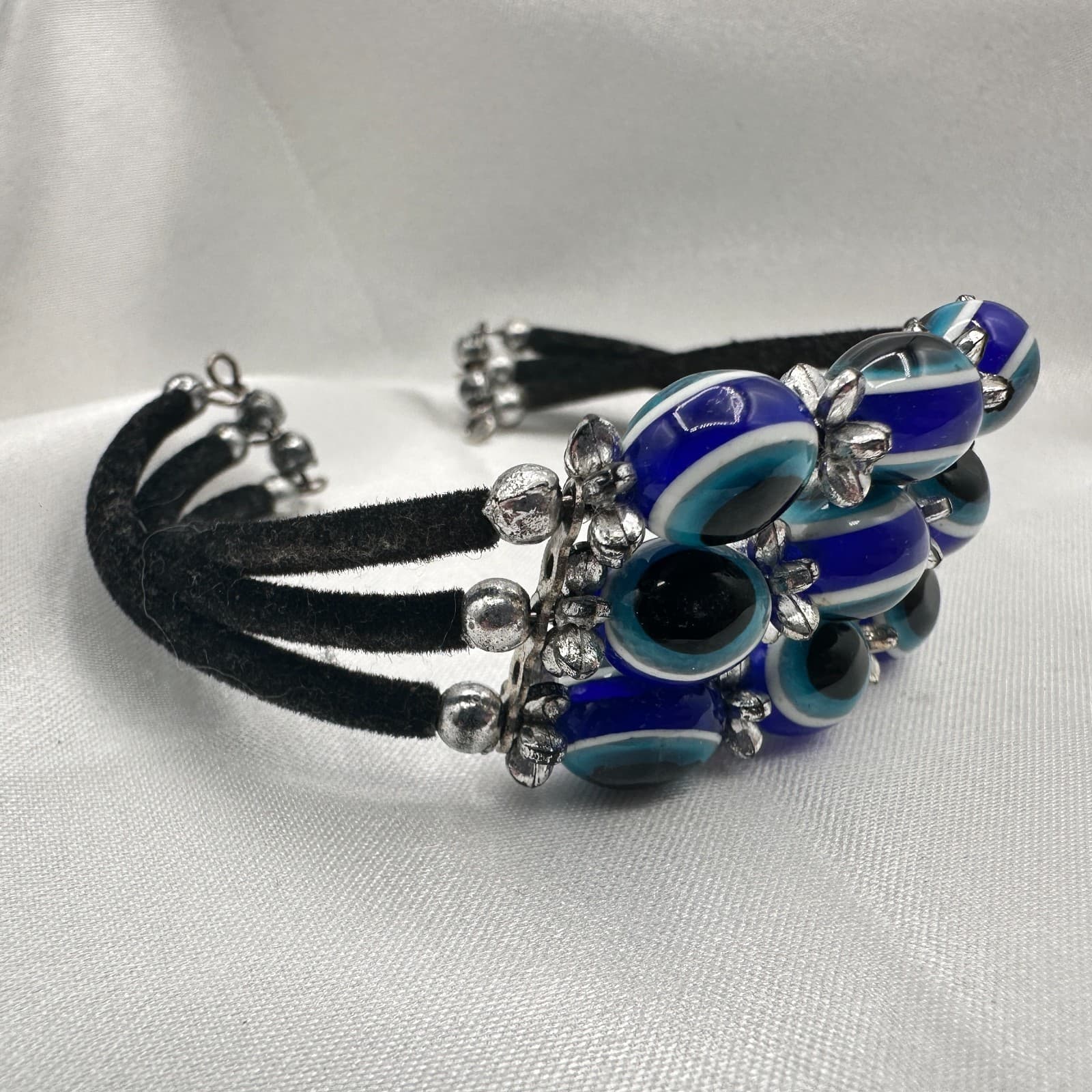 Vintage 90s Evil Eye Bracelet Blue Glass Beads Silver Tone Multi-Strand Boho - Thumbnail 4